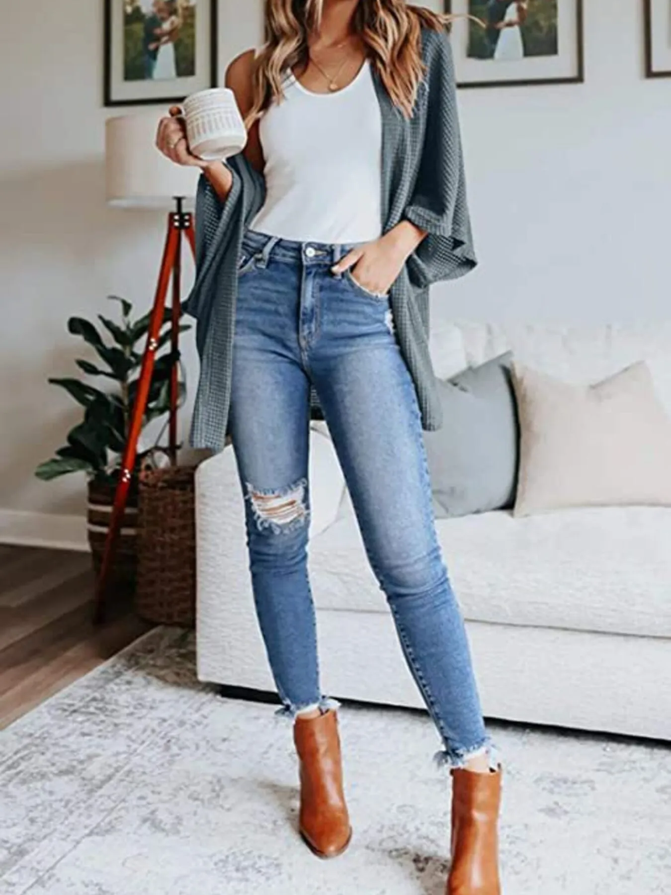 Full Size Open Front Waffle Knit Cardigan Plus Size - Image 20