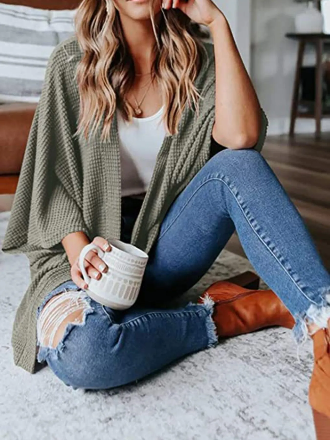 Full Size Open Front Waffle Knit Cardigan Plus Size - Image 21