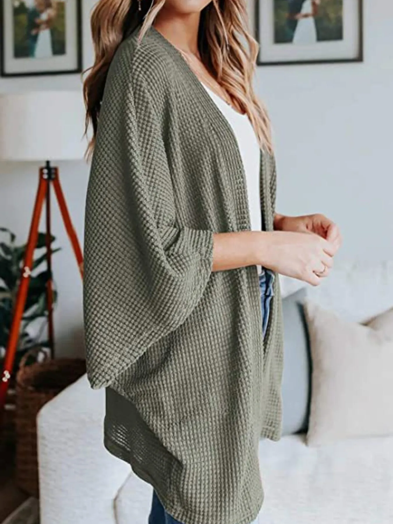 Full Size Open Front Waffle Knit Cardigan Plus Size - Image 22