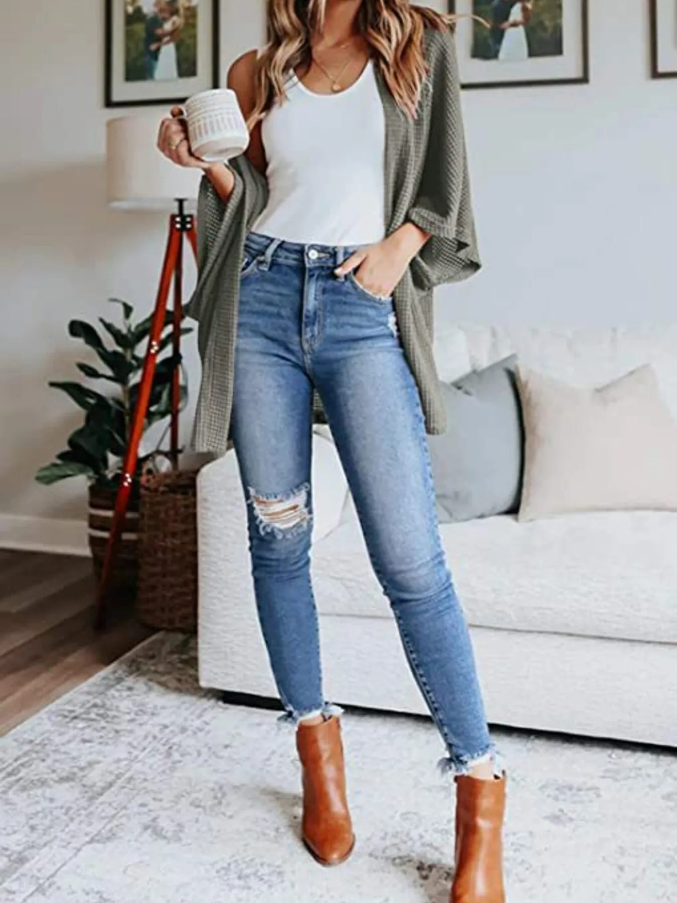 Full Size Open Front Waffle Knit Cardigan Plus Size - Image 24