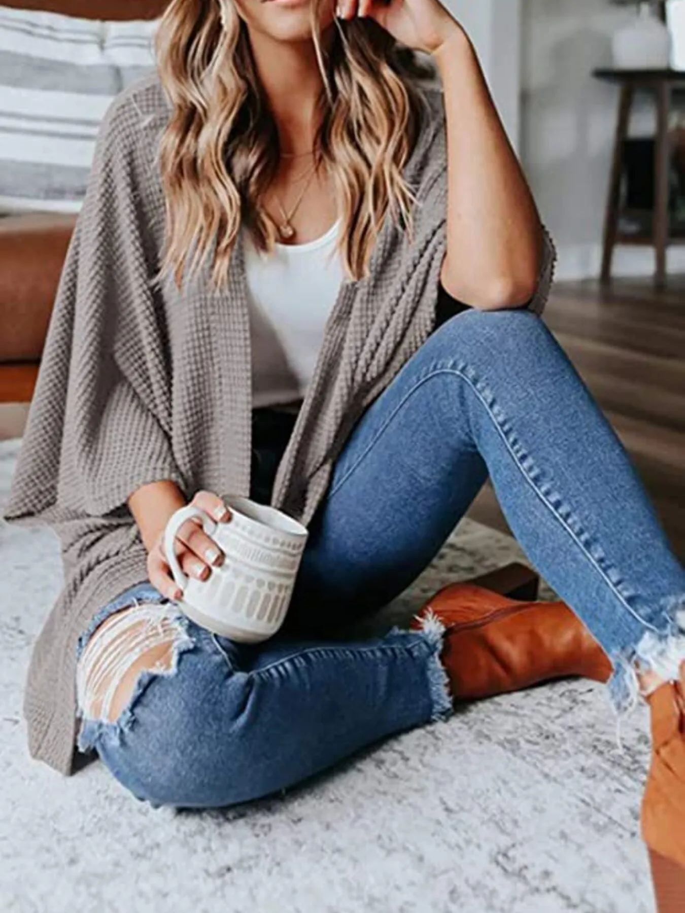 Full Size Open Front Waffle Knit Cardigan Plus Size - Image 27