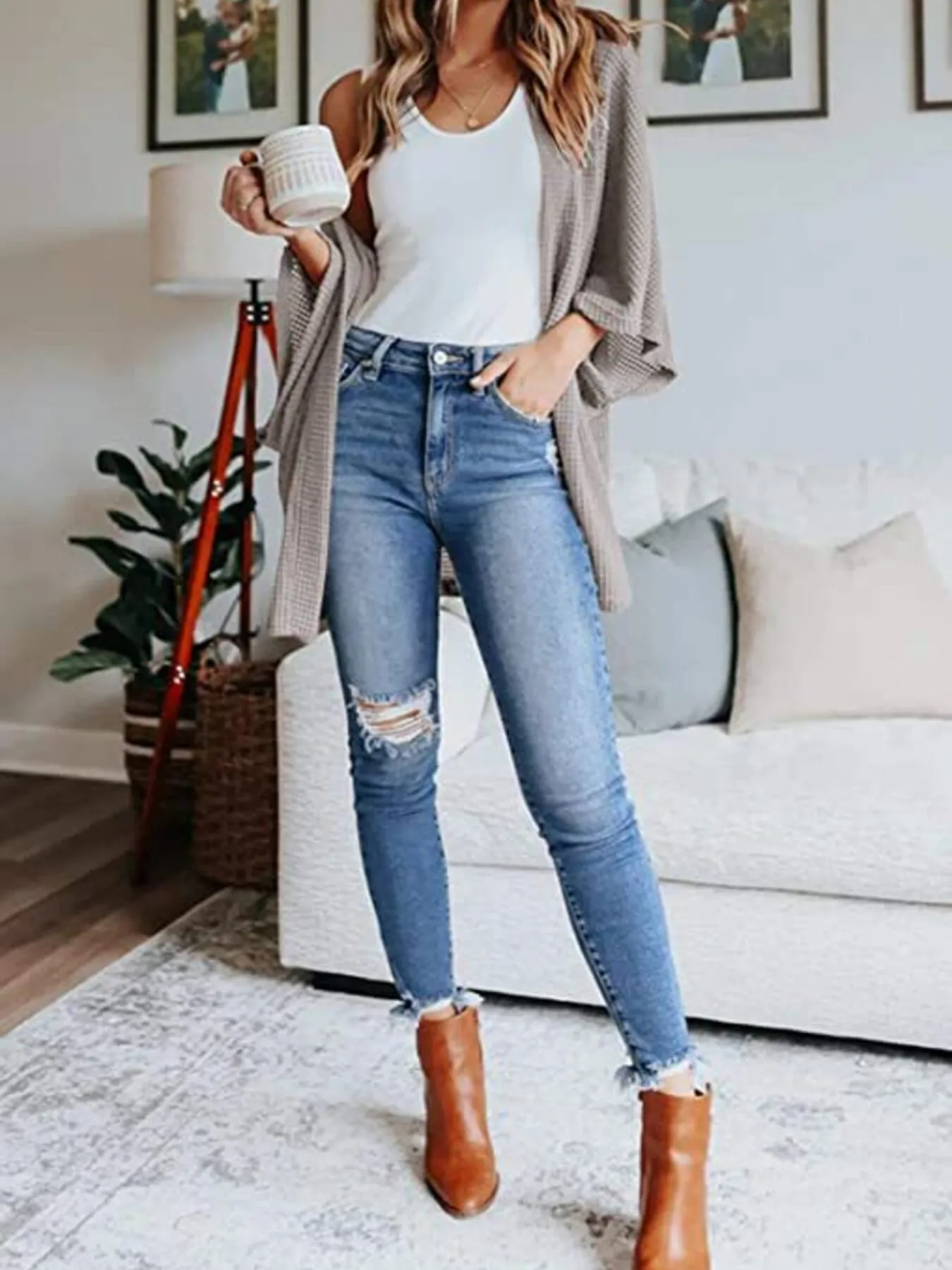Full Size Open Front Waffle Knit Cardigan Plus Size - Image 28