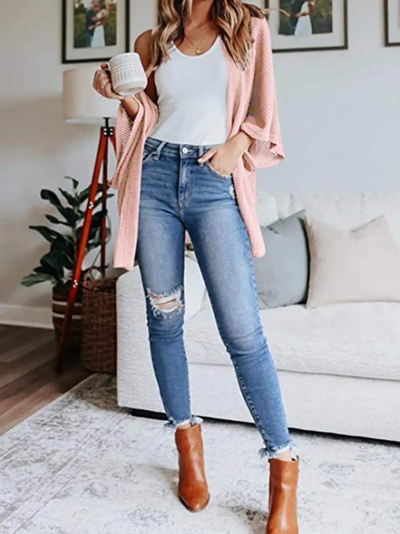 Full Size Open Front Waffle Knit Cardigan Plus Size - Image 3