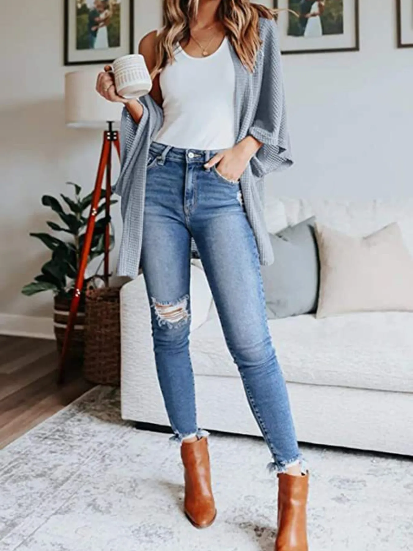 Full Size Open Front Waffle Knit Cardigan Plus Size - Image 32