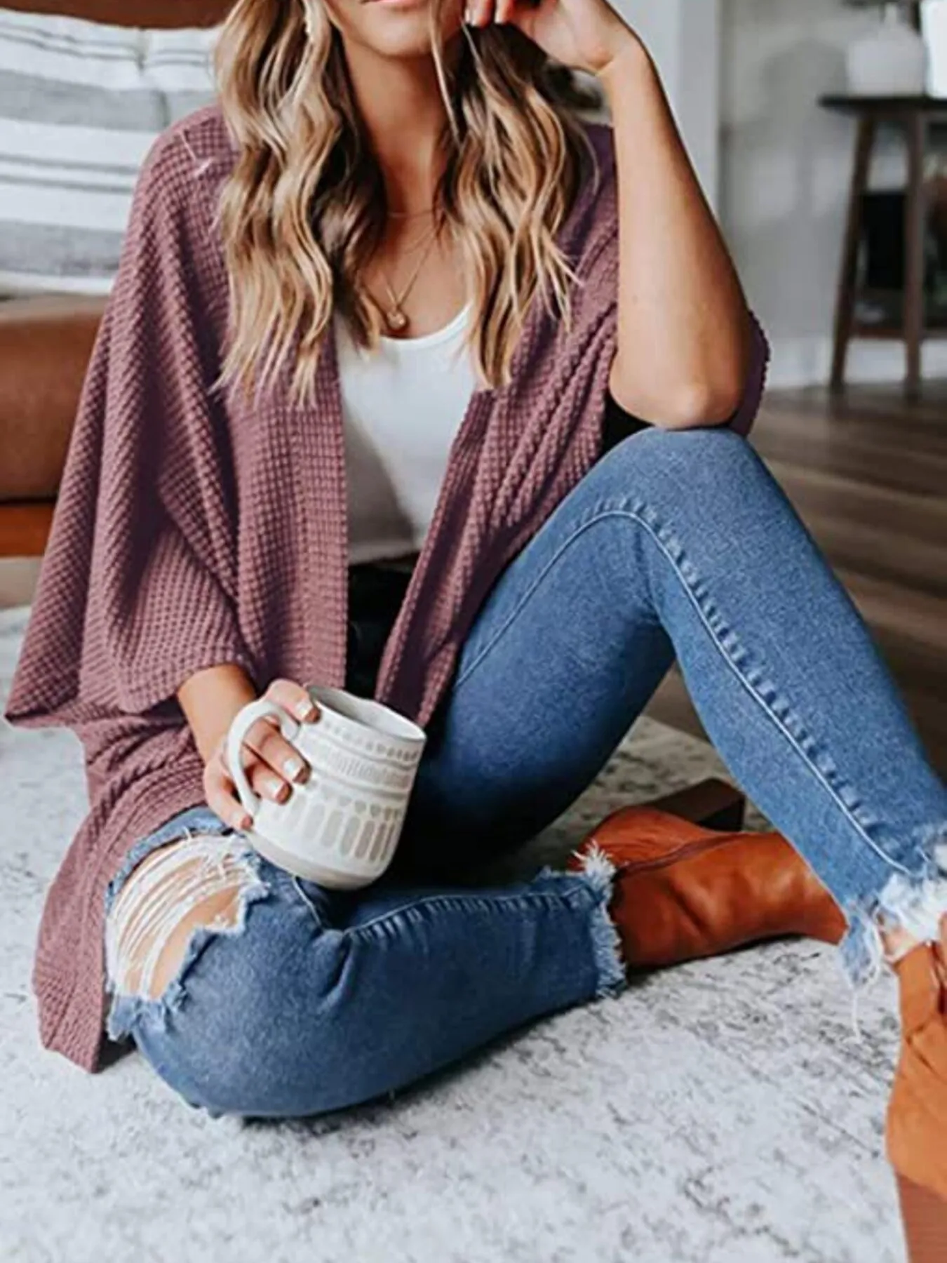 Full Size Open Front Waffle Knit Cardigan Plus Size - Image 33