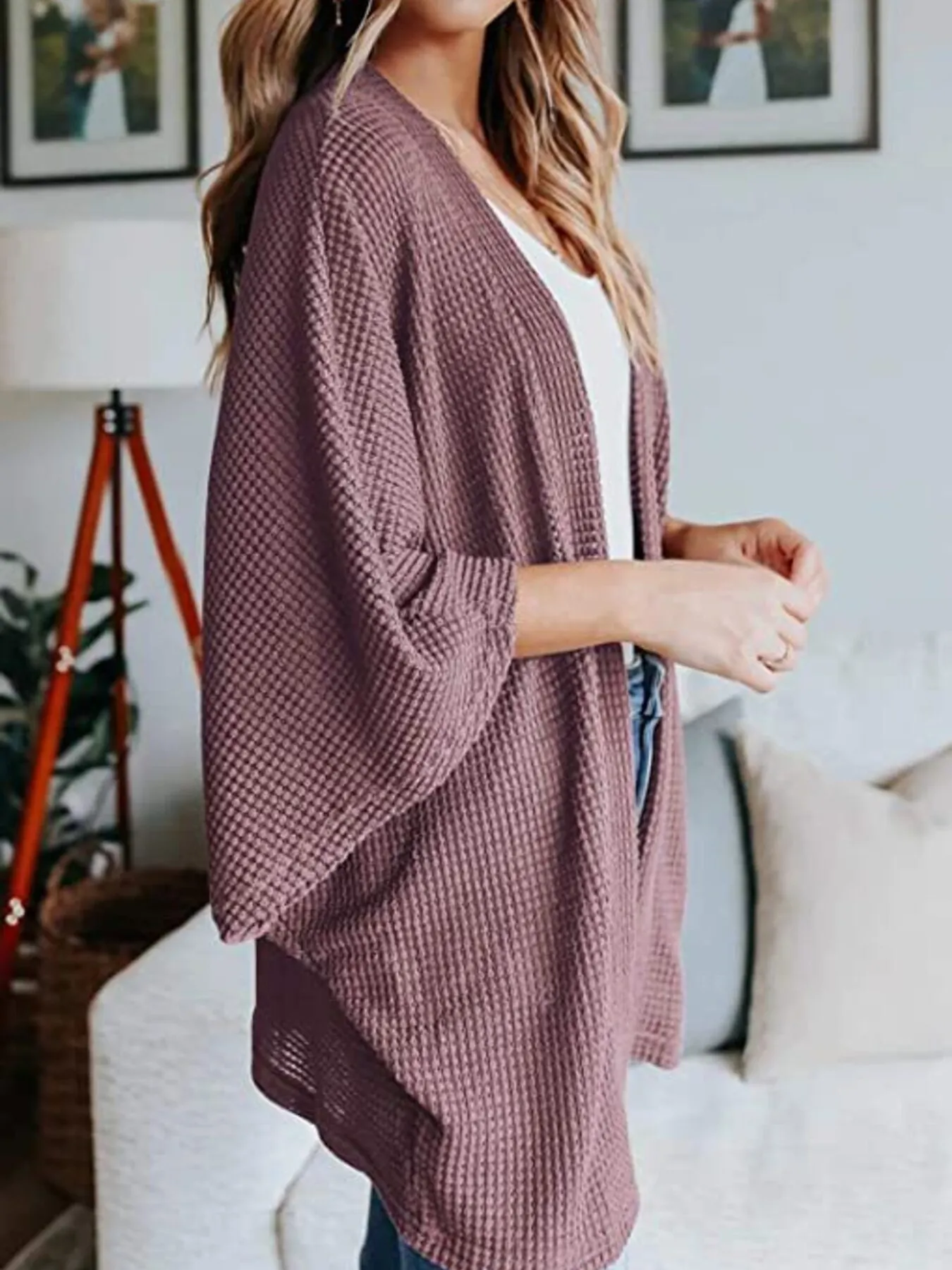 Full Size Open Front Waffle Knit Cardigan Plus Size - Image 35