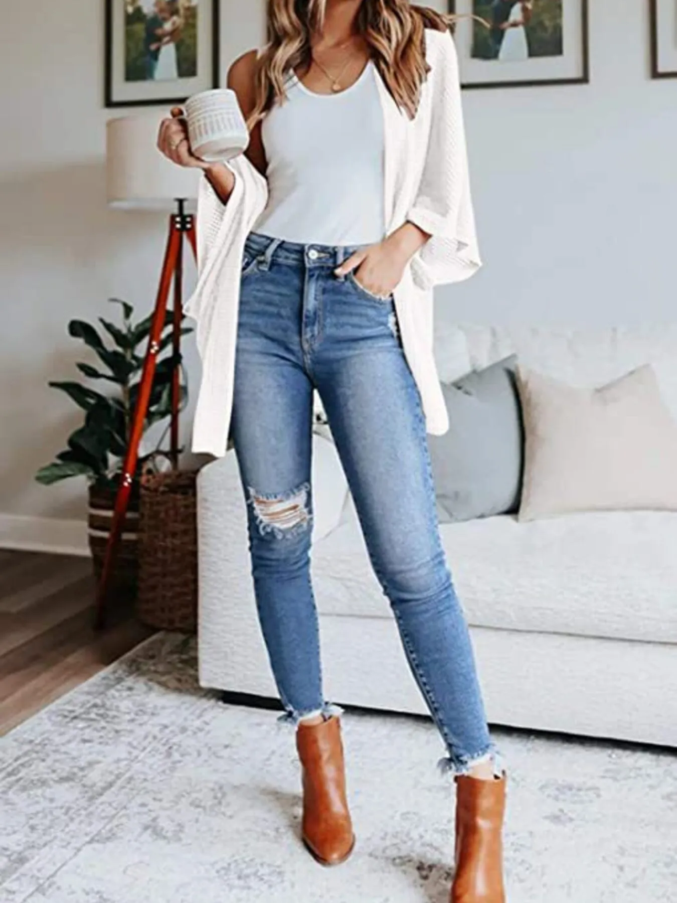 Full Size Open Front Waffle Knit Cardigan Plus Size - Image 40