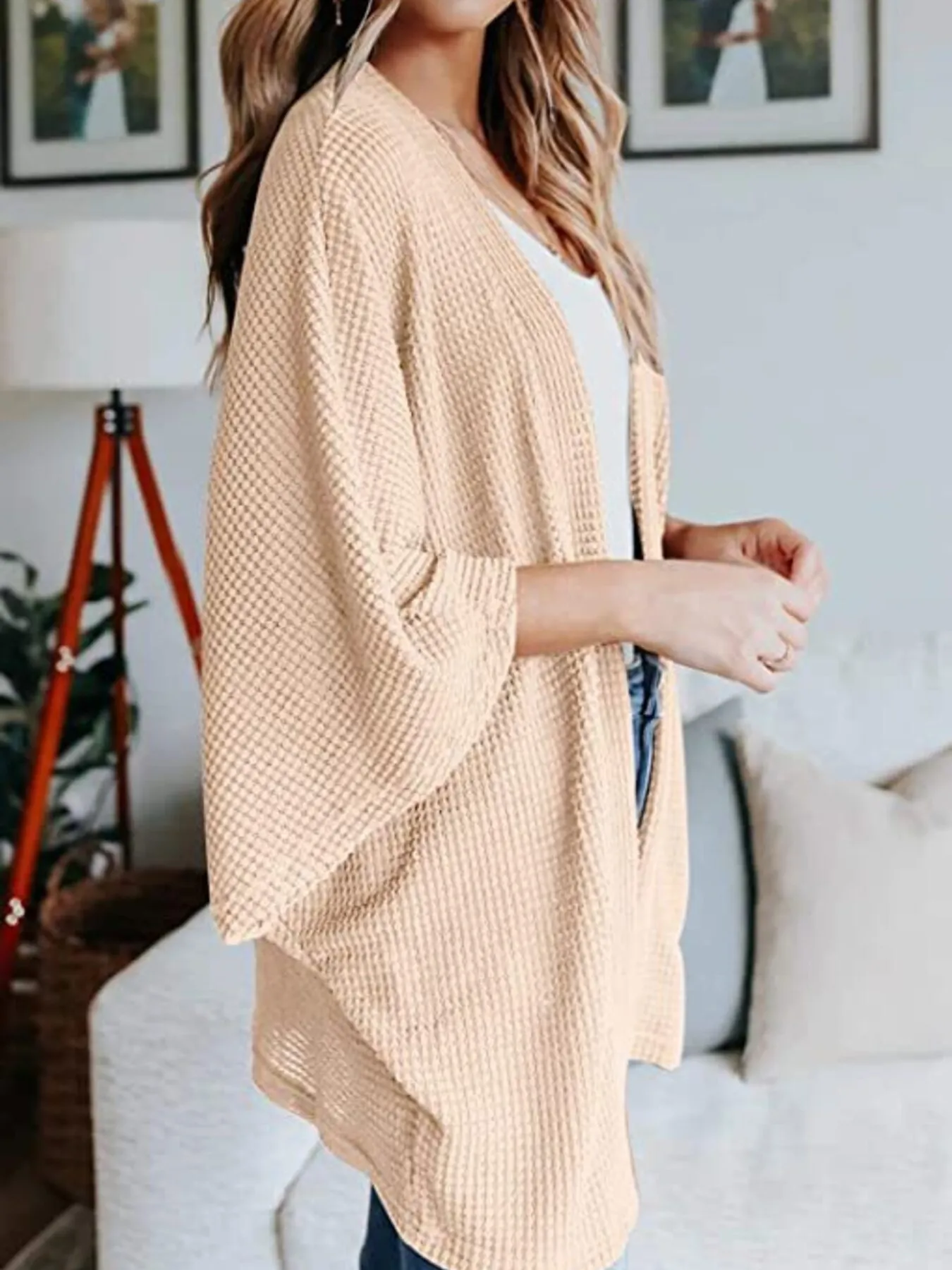 Full Size Open Front Waffle Knit Cardigan Plus Size - Image 5