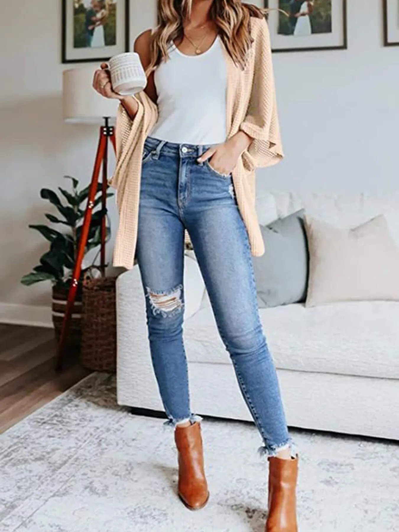 Full Size Open Front Waffle Knit Cardigan Plus Size - Image 7