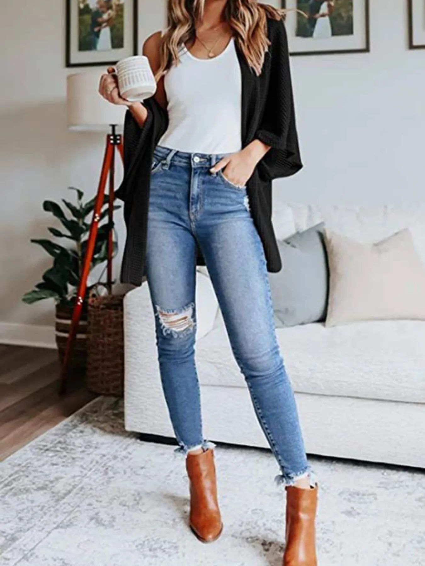 Full Size Open Front Waffle Knit Cardigan Plus Size - Image 8