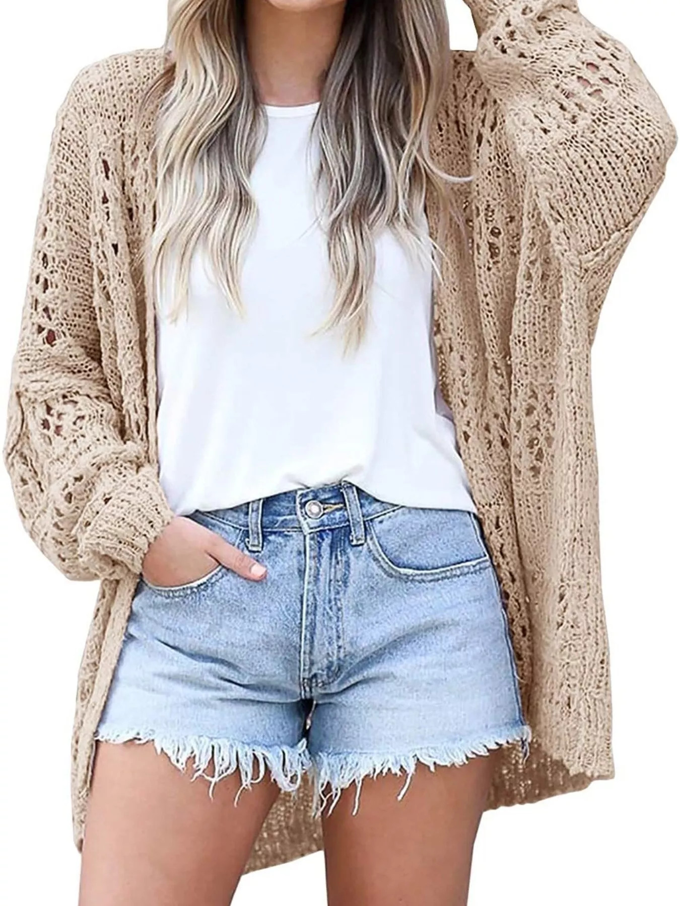 Full Size Openwork Open Front Lightweight Cardigan Plus Size - Image 6