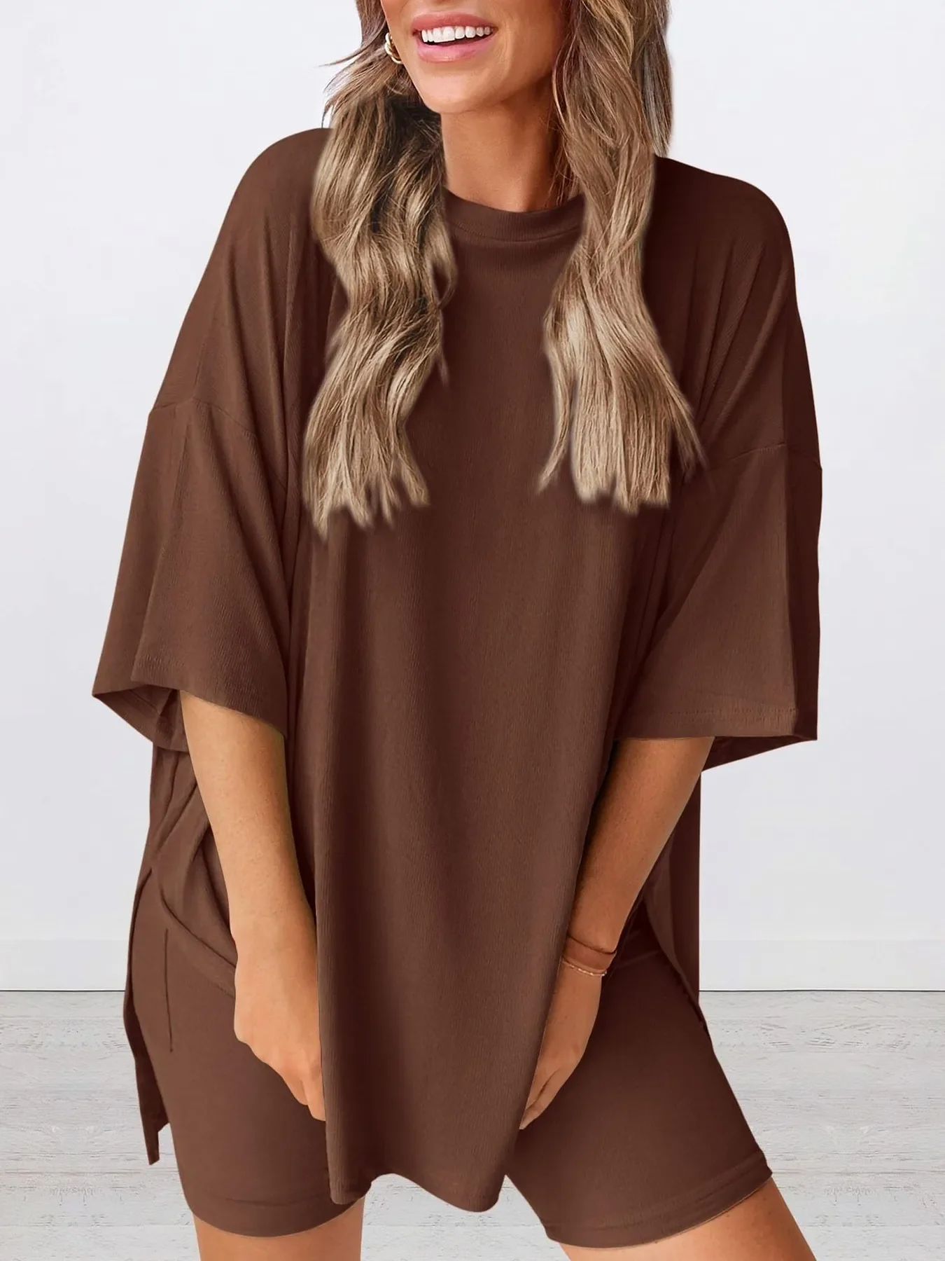 Full Size Oversized Round Neck Top and Shorts Set Plus Size - Image 26
