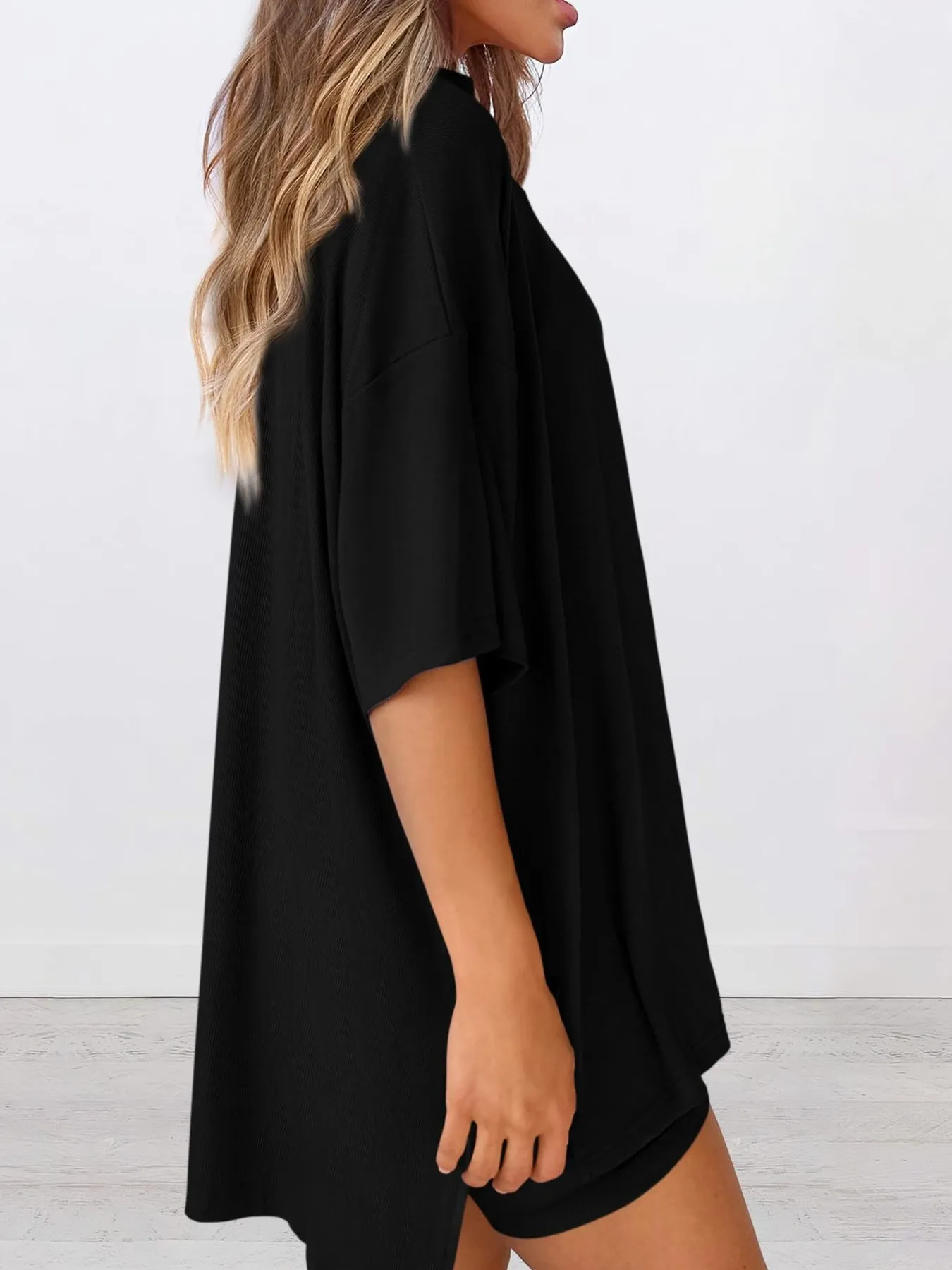Full Size Oversized Slit Round Neck Top and Shorts Lounge Set Plus Size - Image 15