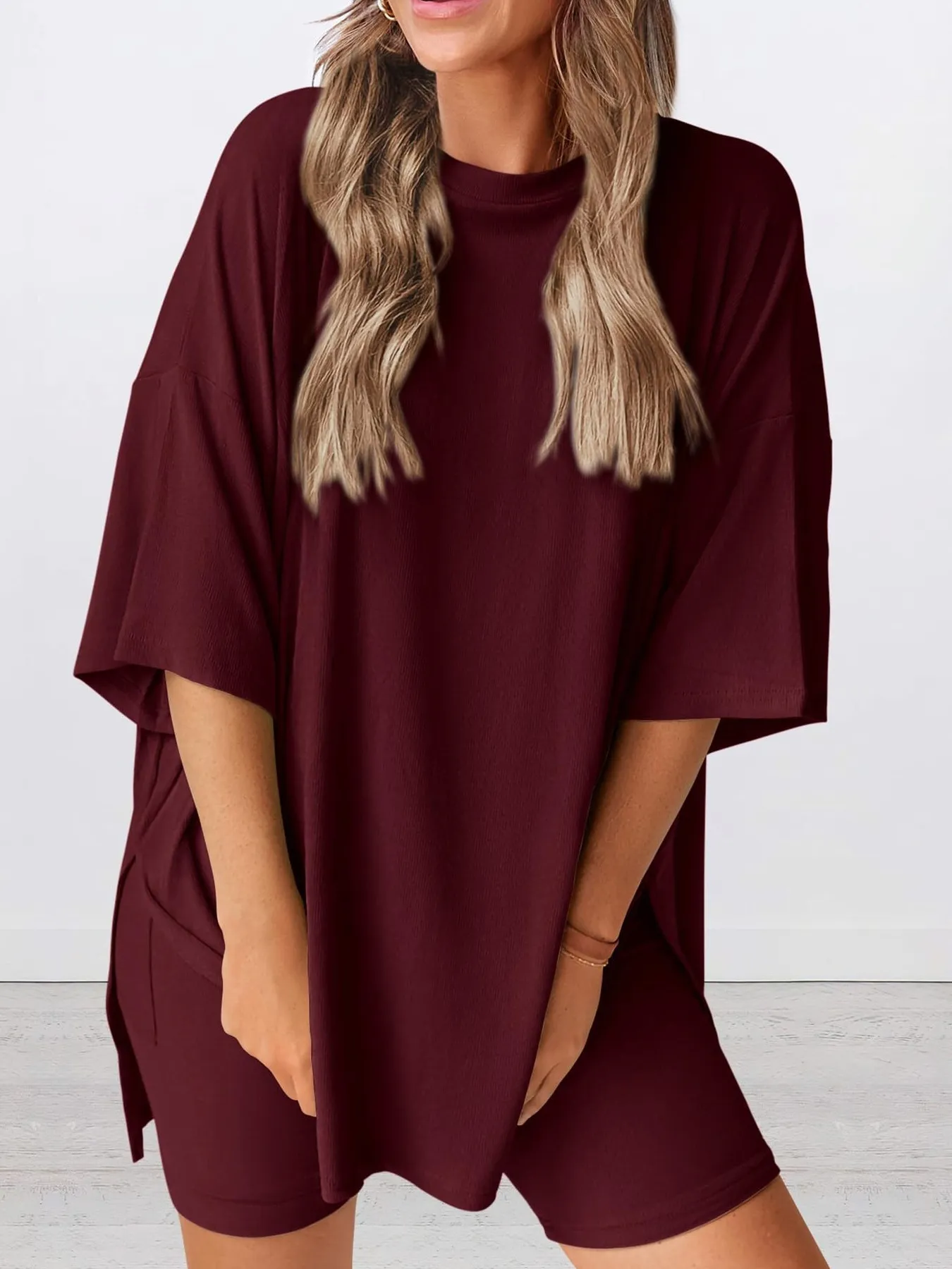 Full Size Oversized Slit Round Neck Top and Shorts Lounge Set Plus Size - Image 9