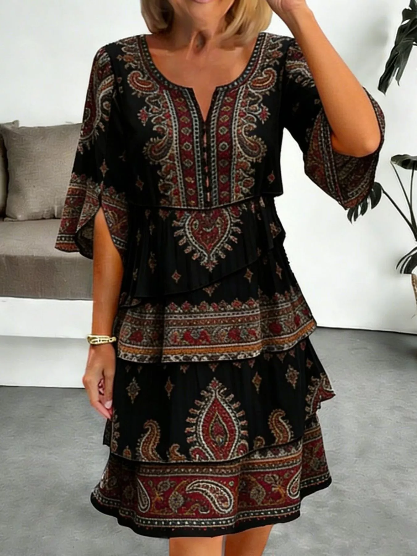 Full Size Paisley Print Layered Ruffle Mini Dress Plus Size - Image 5