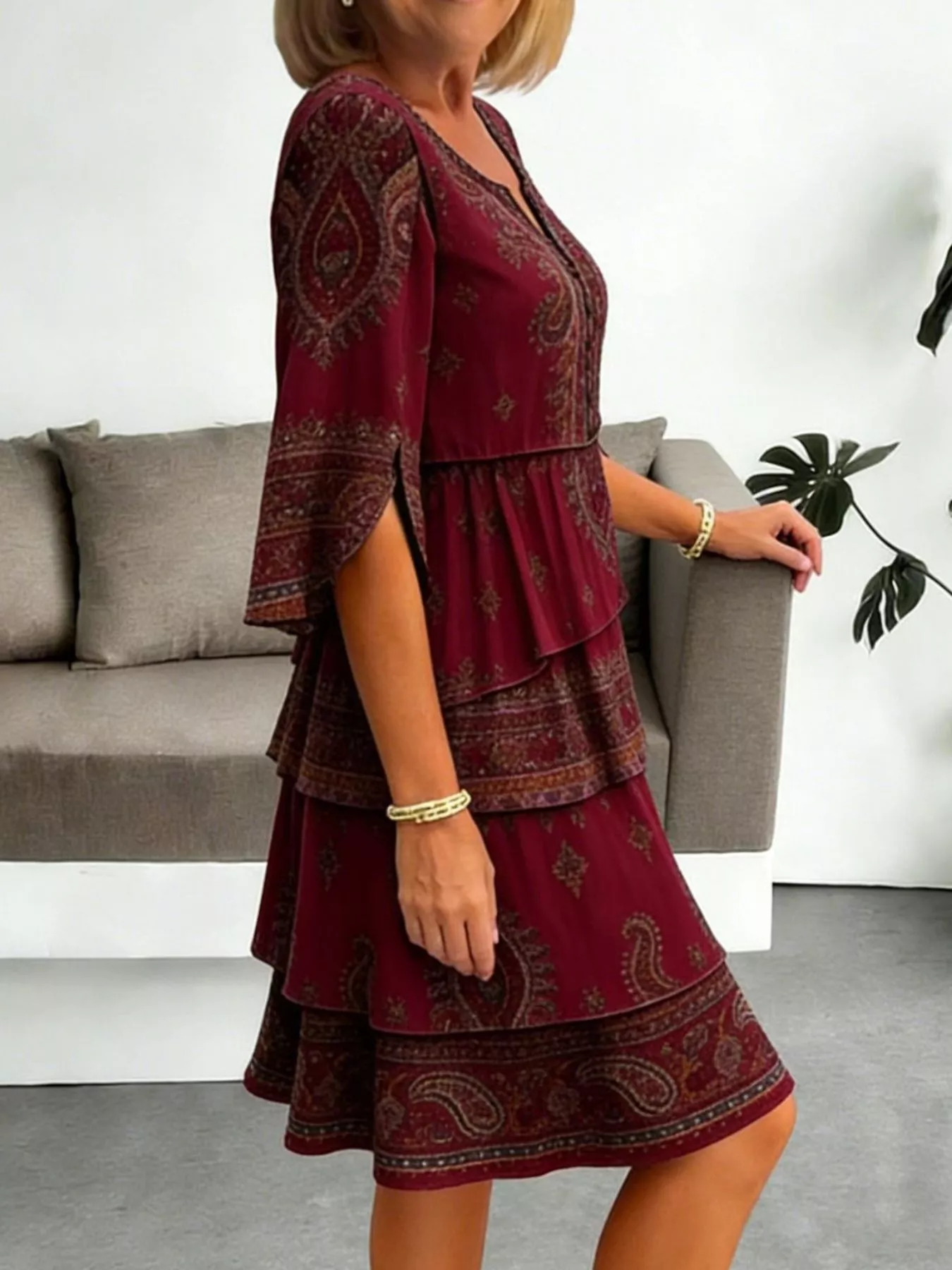 Full Size Paisley Print Layered Ruffle Mini Dress Plus Size - Image 8