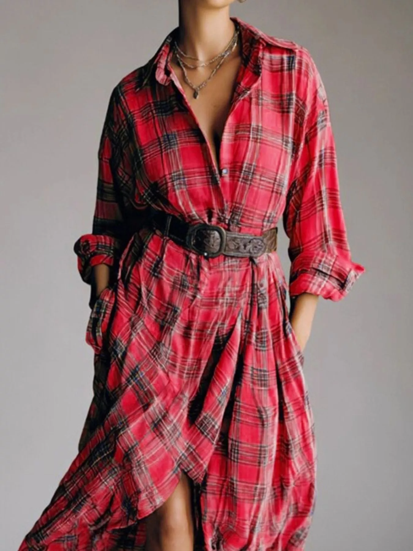 Full Size Plaid High-Low Long Sleeve Shirt Dress Plus Size - Image 4