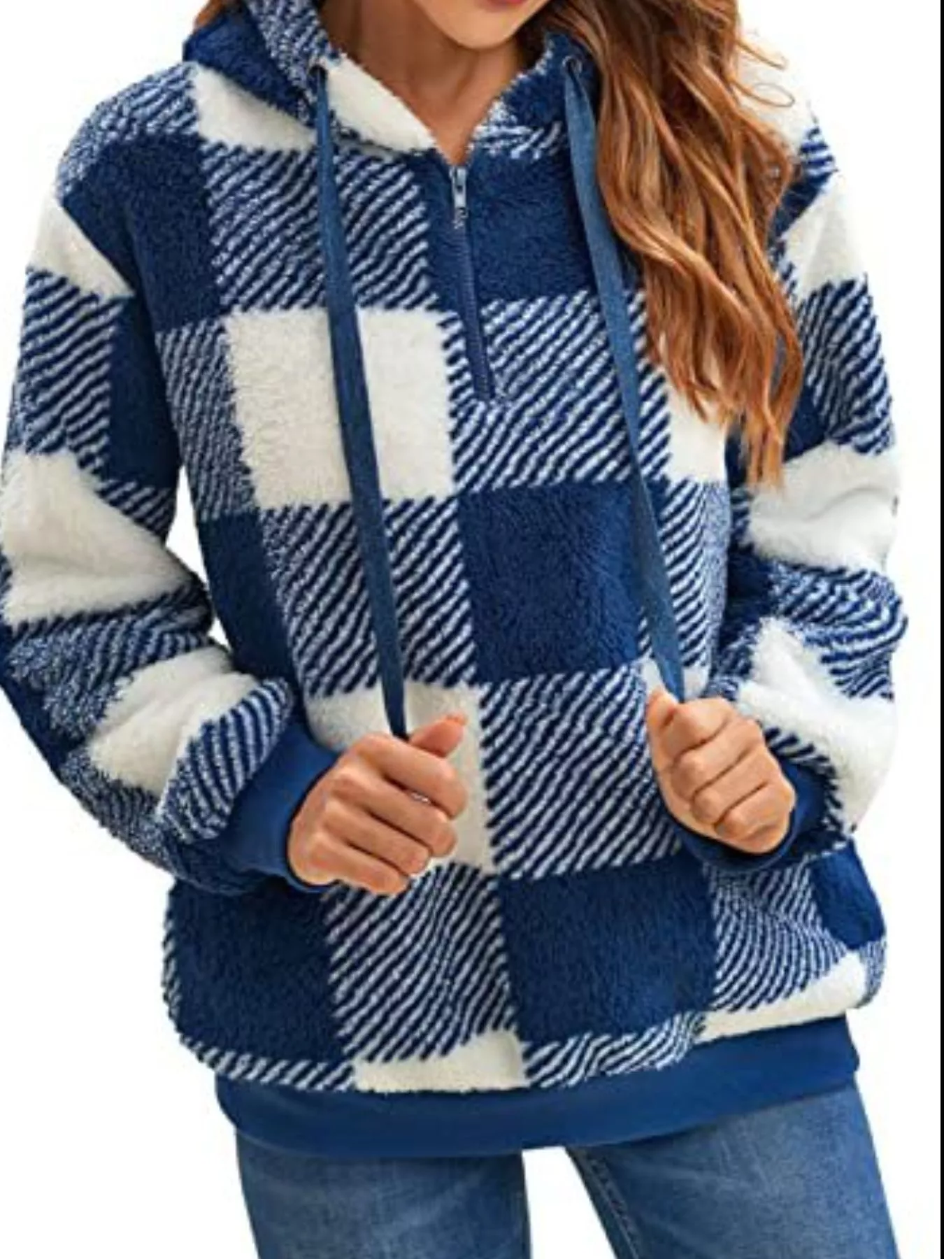 Full Size Plaid Sherpa Drawstring Hoodie Plus Size - Image 2