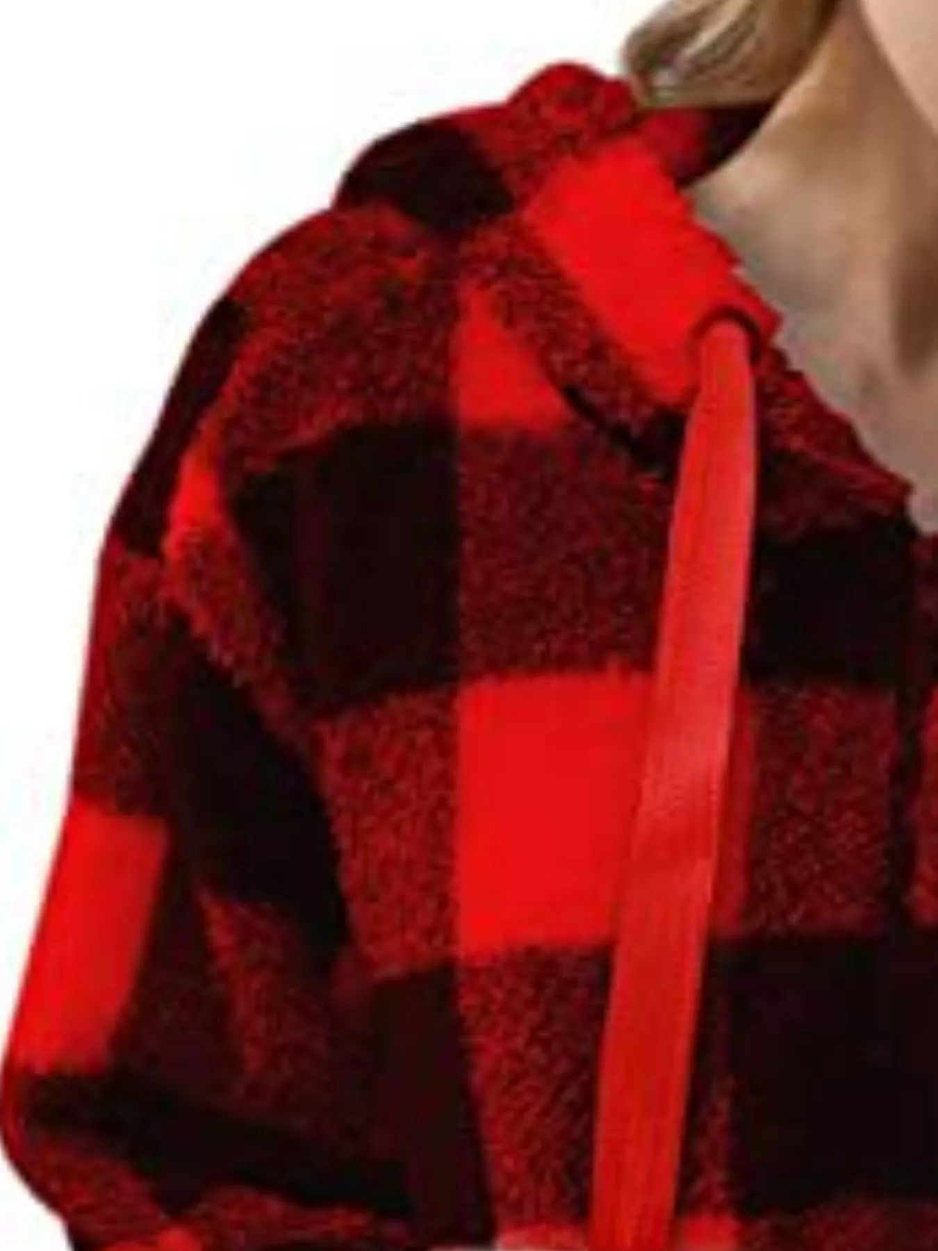 Full Size Plaid Sherpa Drawstring Hoodie Plus Size - Image 21