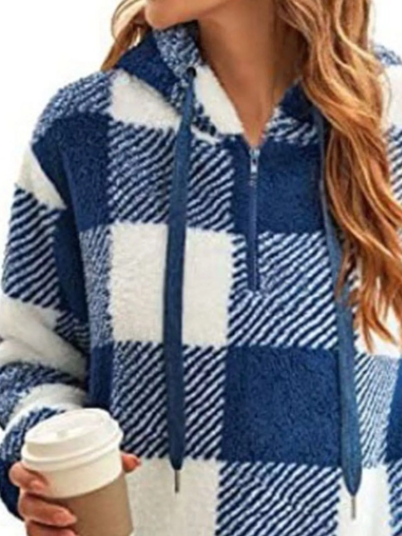 Full Size Plaid Sherpa Drawstring Hoodie Plus Size - Image 3