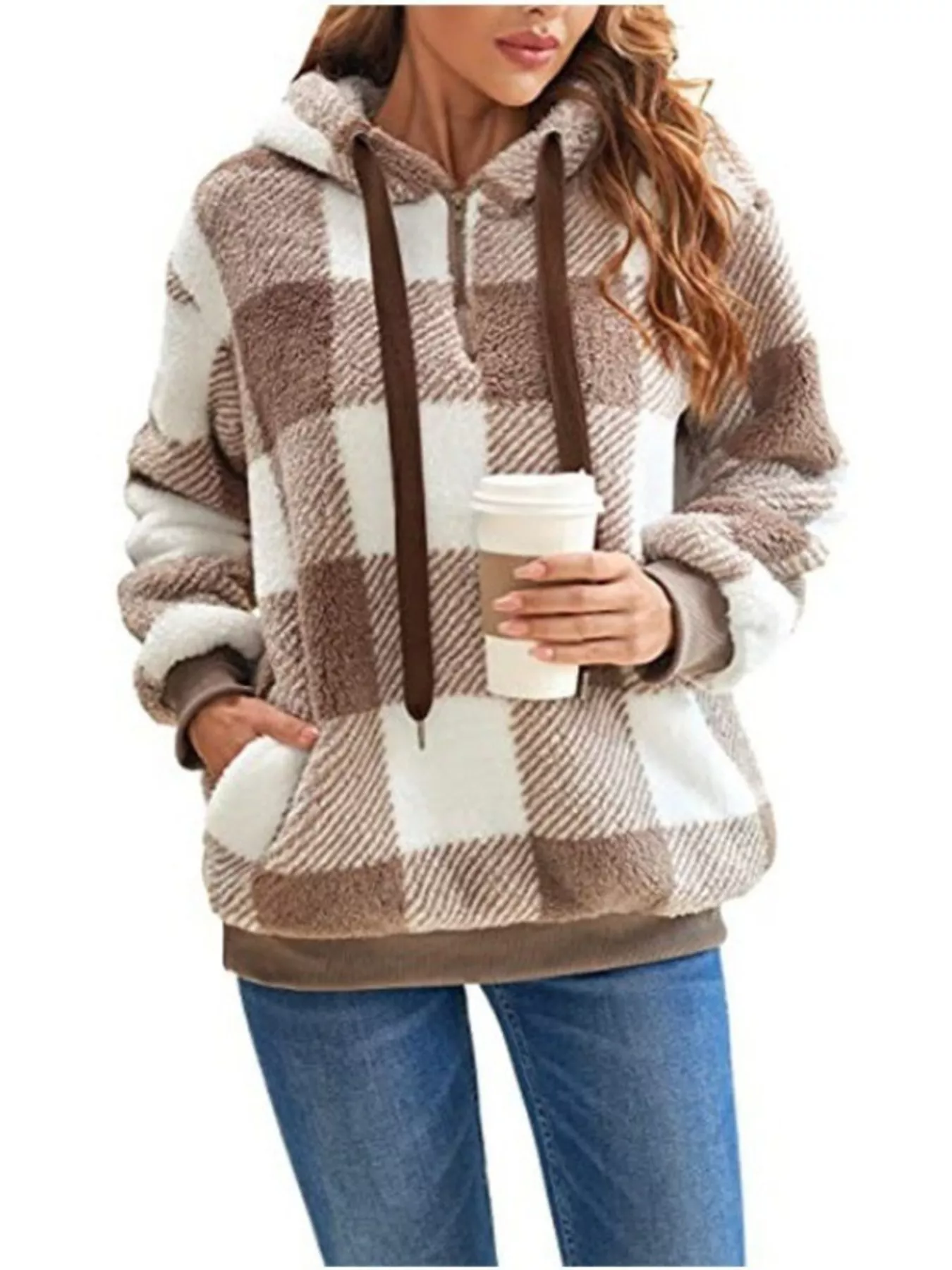 Full Size Plaid Sherpa Drawstring Hoodie Plus Size - Image 4