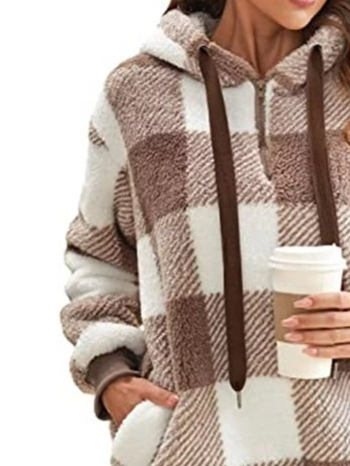 Full Size Plaid Sherpa Drawstring Hoodie Plus Size - Image 5