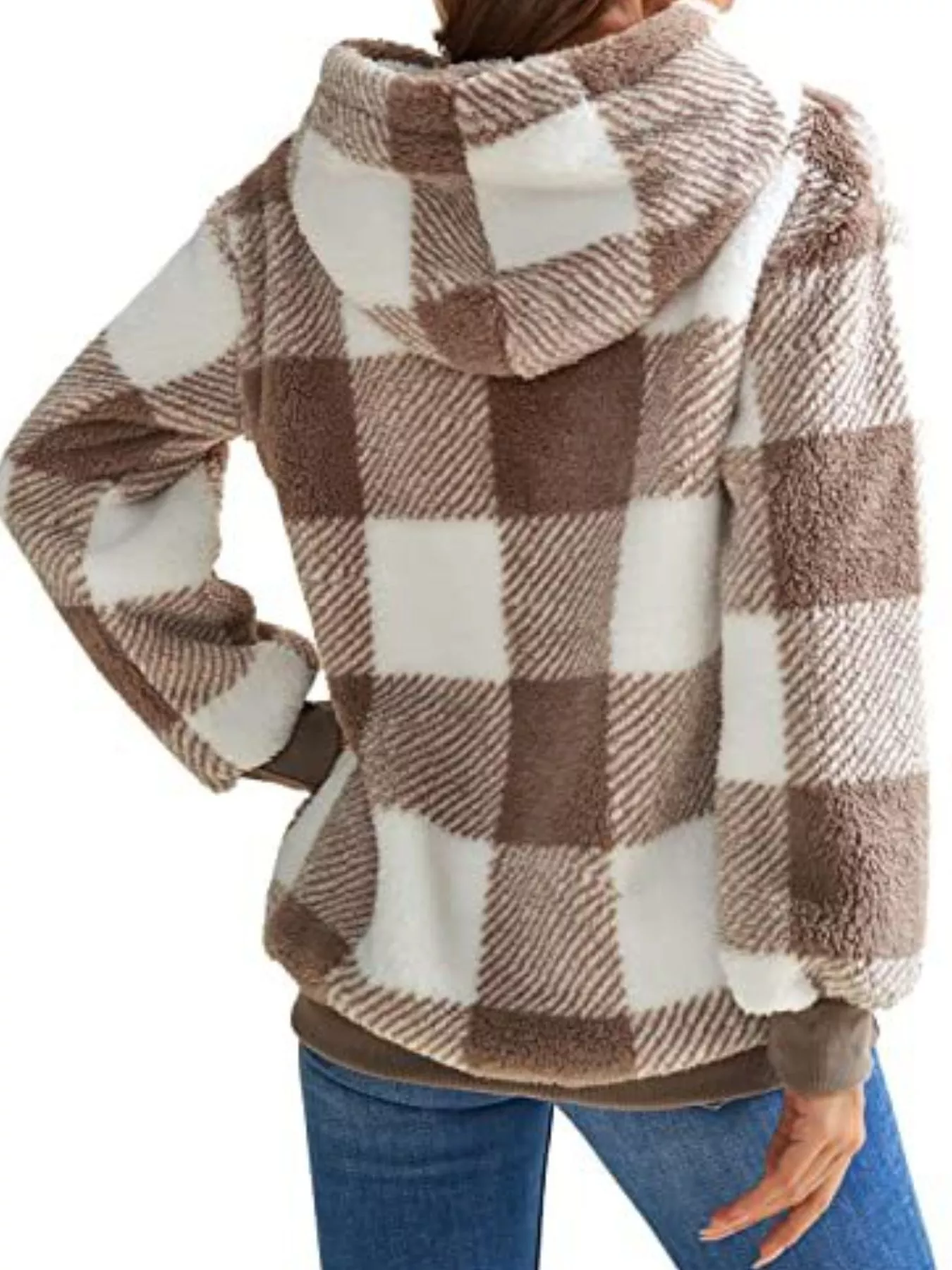Full Size Plaid Sherpa Drawstring Hoodie Plus Size - Image 6