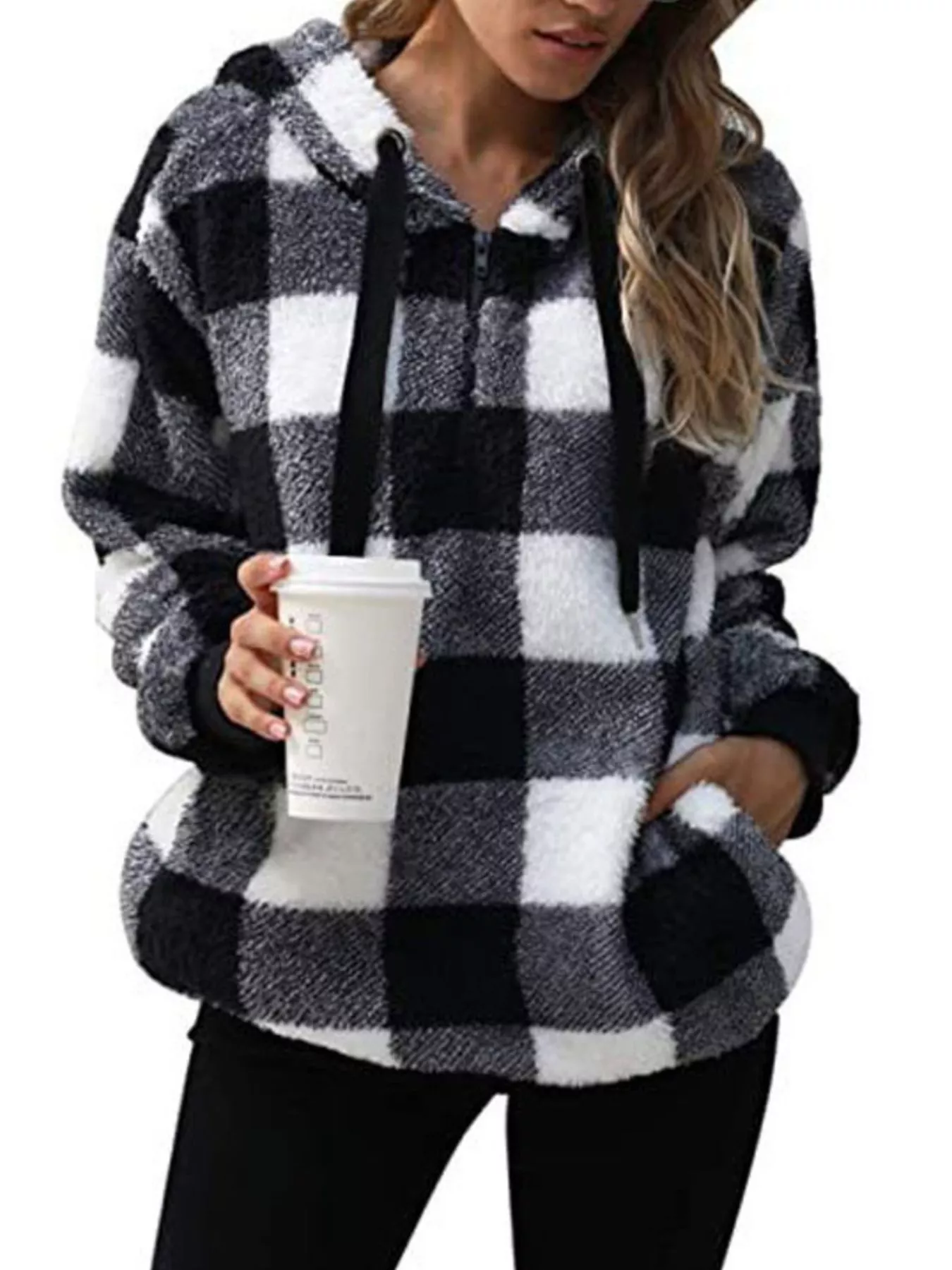 Full Size Plaid Sherpa Drawstring Hoodie Plus Size - Image 7