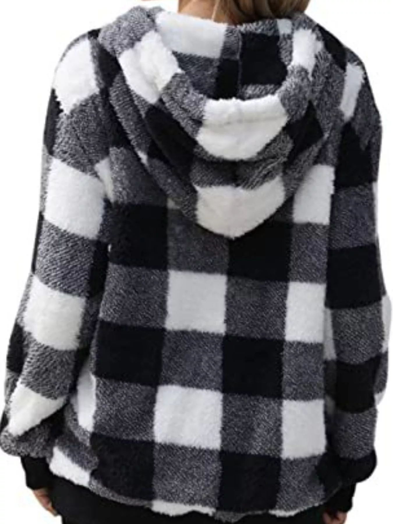 Full Size Plaid Sherpa Drawstring Hoodie Plus Size - Image 9
