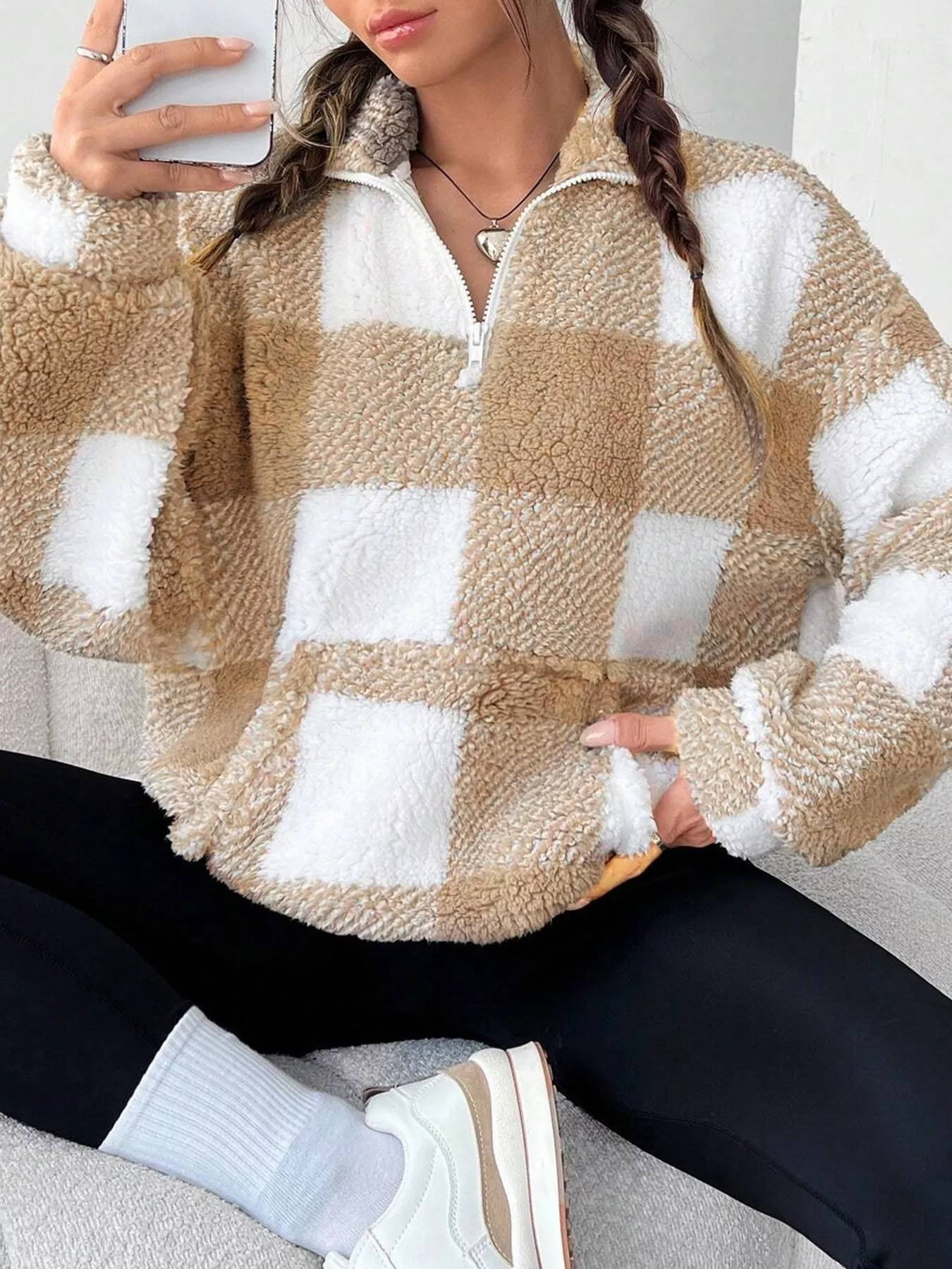 Full Size Plaid Sherpa Long Sleeve Sweatshirt Plus Size - Image 16