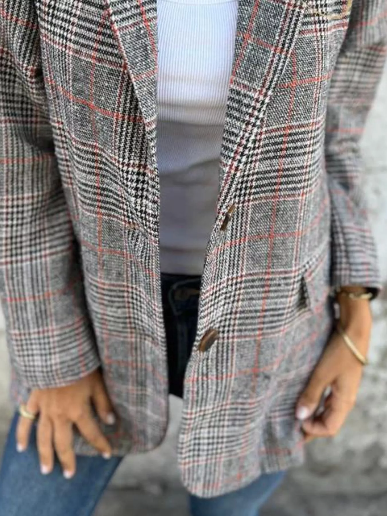 Full Size Plaid Single-Breasted Long Sleeve Blazer Plus Size - Image 6