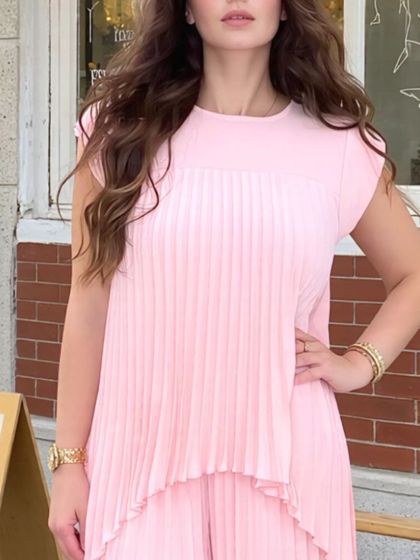 Full Size Pleated Cap Sleeve Top and Pants Set Plus Size - Image 2