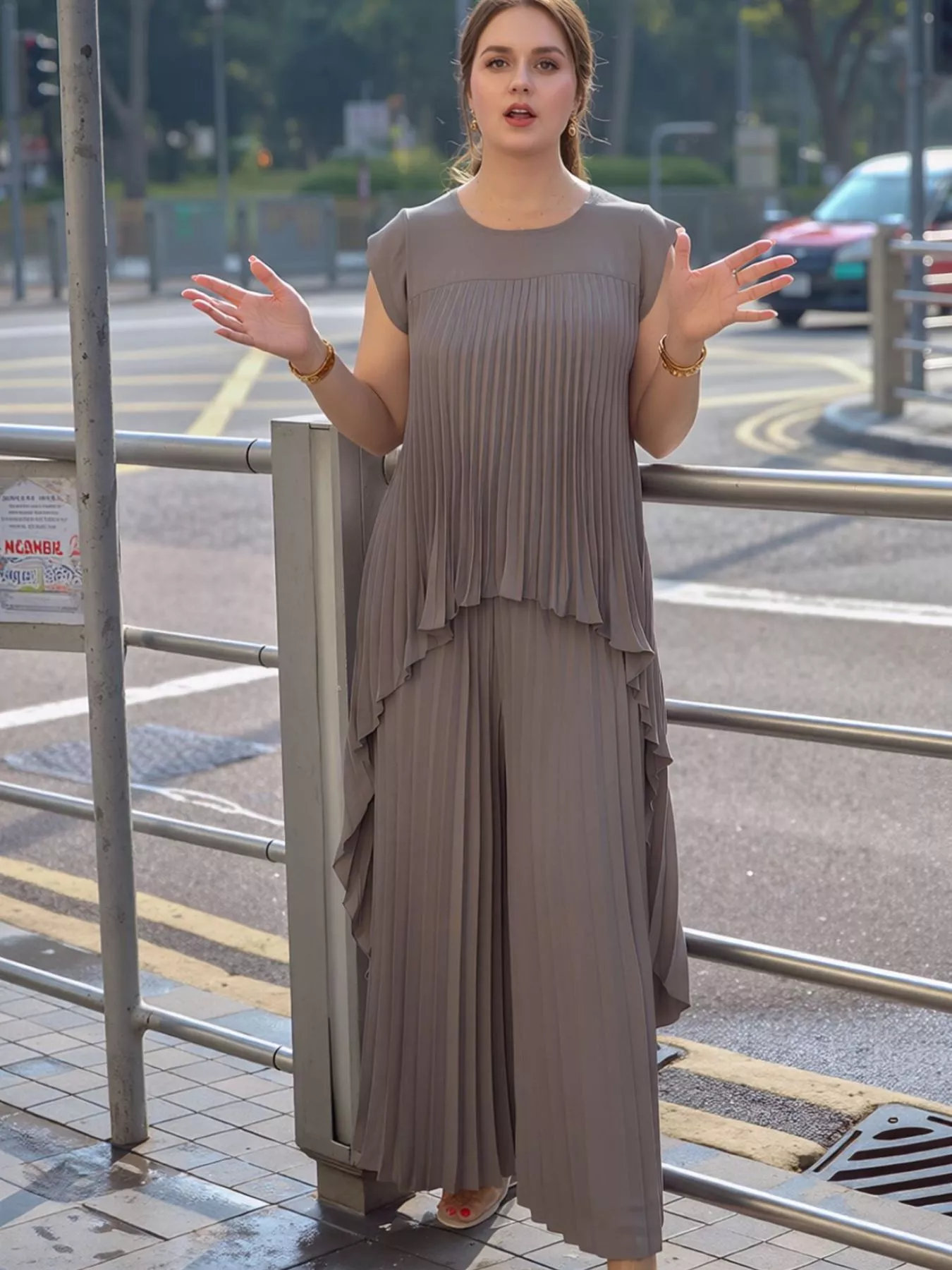 Full Size Pleated Cap Sleeve Top and Pants Set Plus Size - Image 5