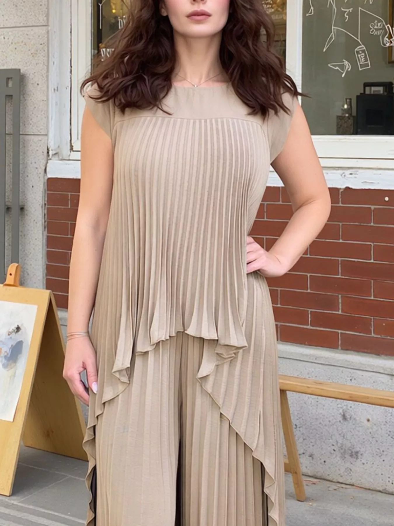 Full Size Pleated Cap Sleeve Top and Pants Set Plus Size - Image 9