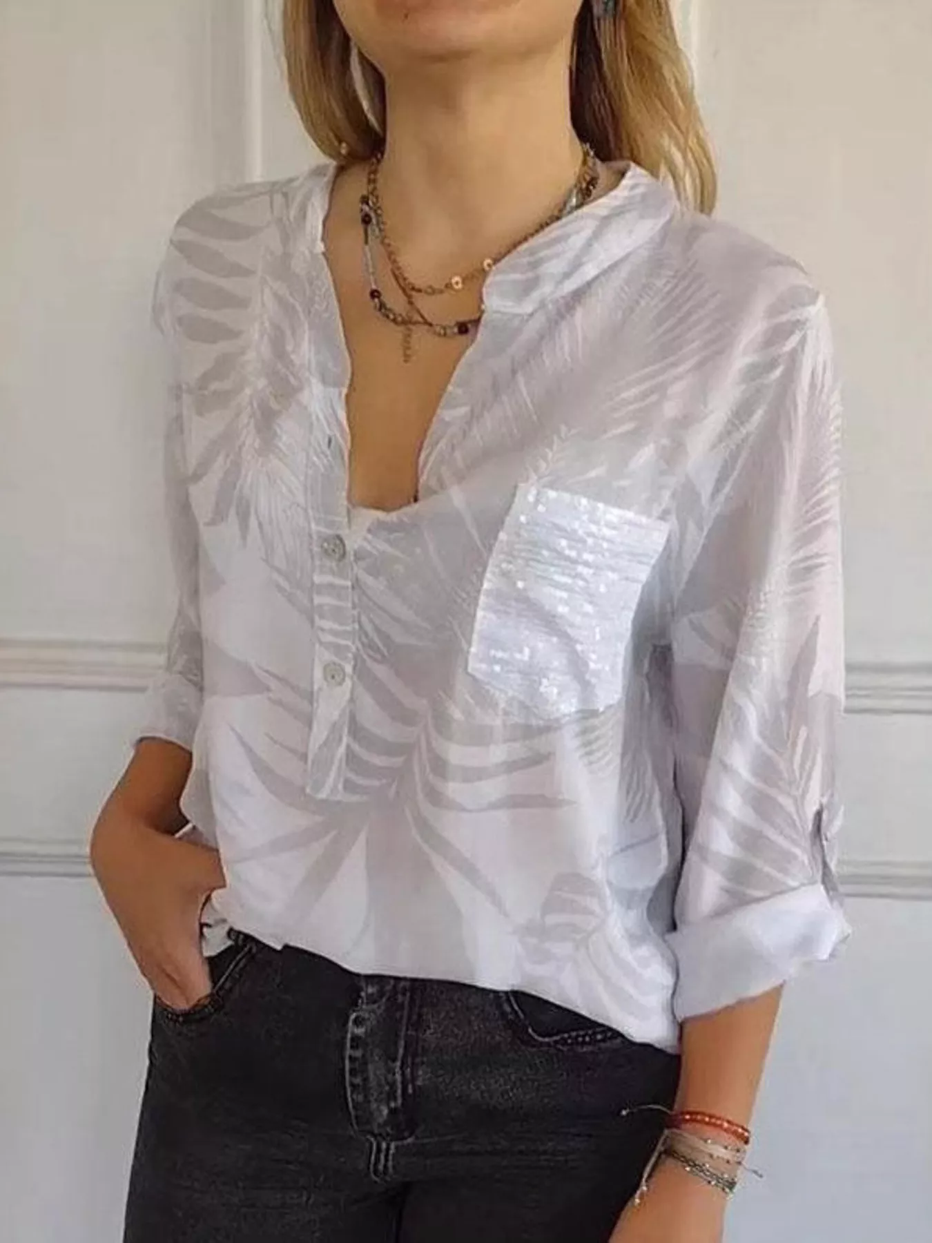 Full Size Printed Button Detail Long Sleeve Blouse Plus Size - Image 10
