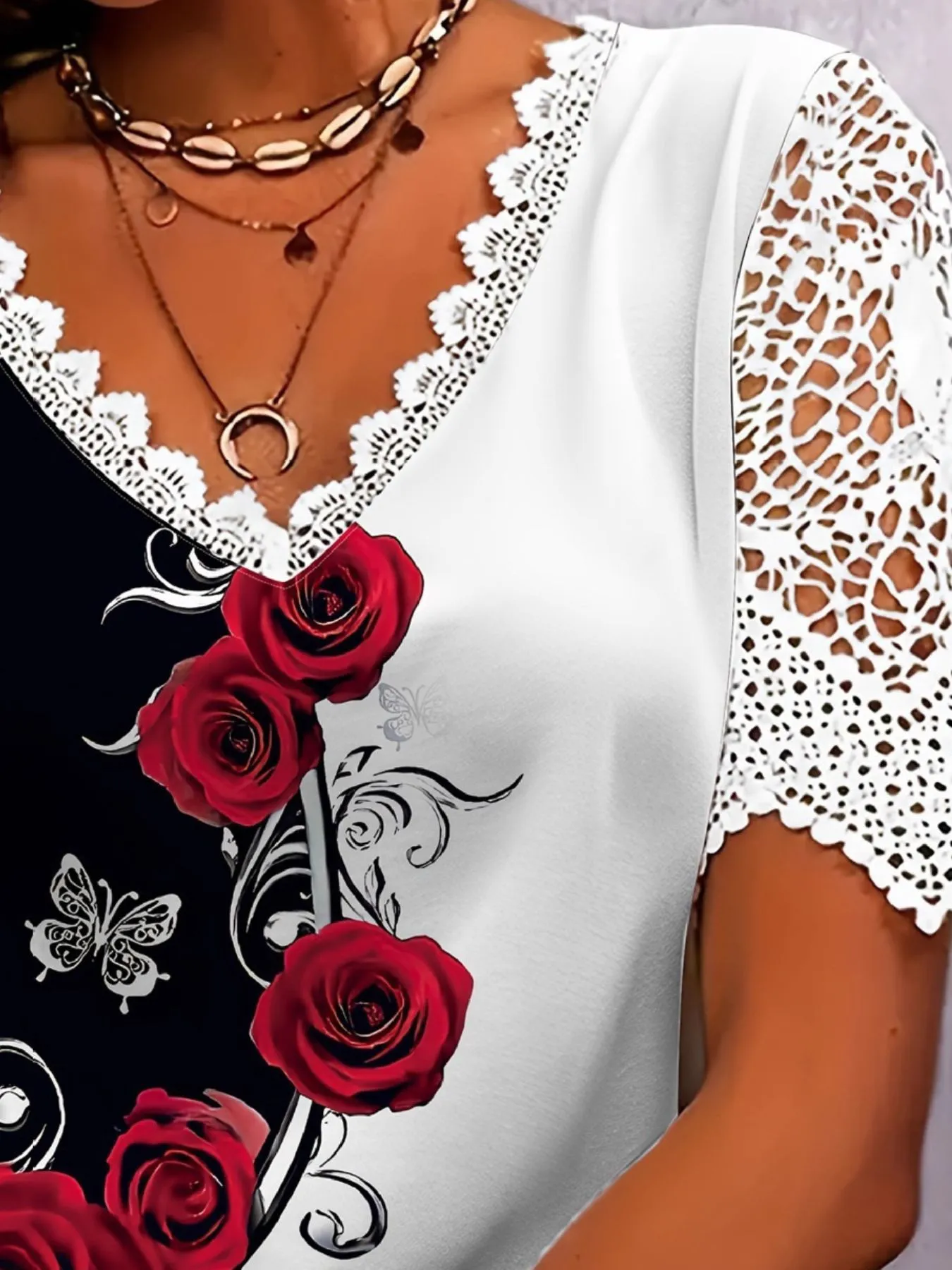 Full Size Printed Lace Sleeve V-Neck T-Shirt Plus Size - Image 3