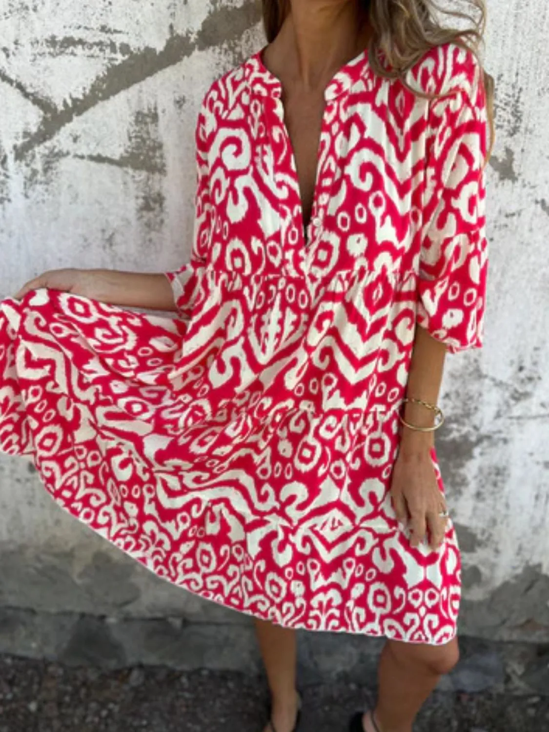 Full Size Printed Notched Half Sleeve Dress Plus Size - Image 17