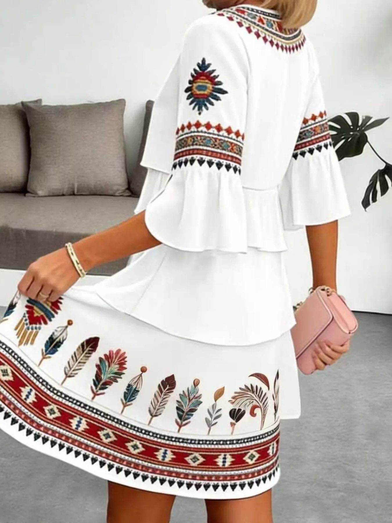 Full Size Printed Notched Ruffled Half Sleeve Dress Plus Size - Image 2