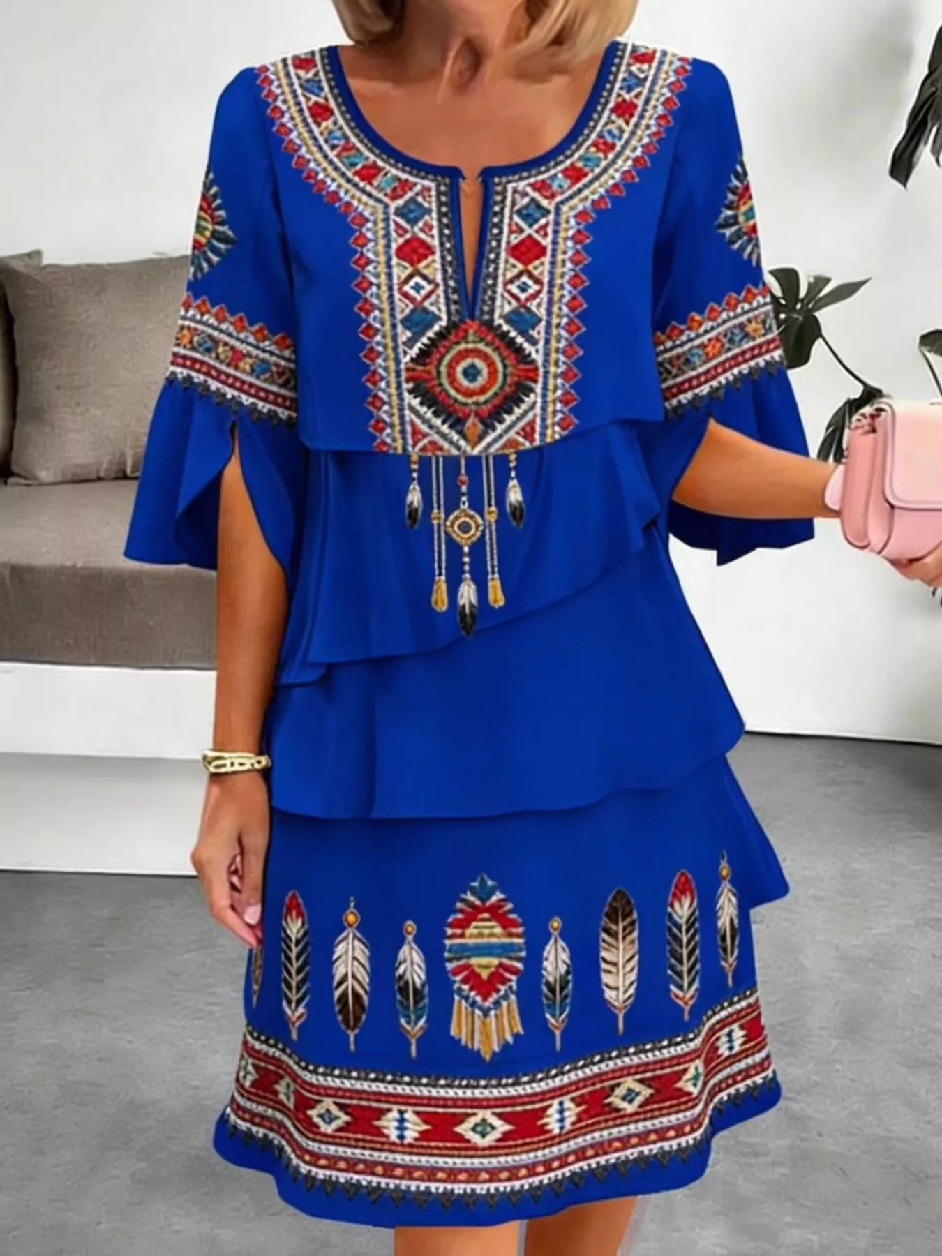 Full Size Printed Notched Ruffled Half Sleeve Dress Plus Size - Image 5