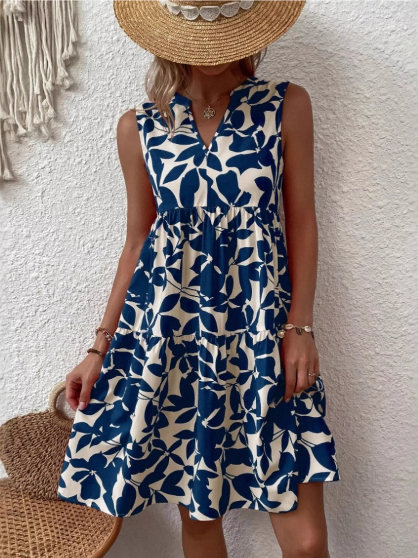 Full Size Printed Notched Sleeveless Mini Dress Plus Size - Image 4
