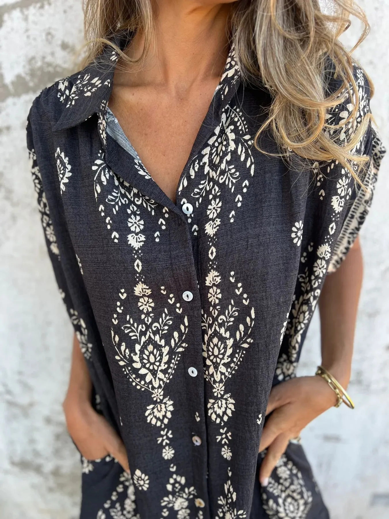 Full Size Printed Short Sleeve Button-Up Shirt Dress Plus Size - Image 9