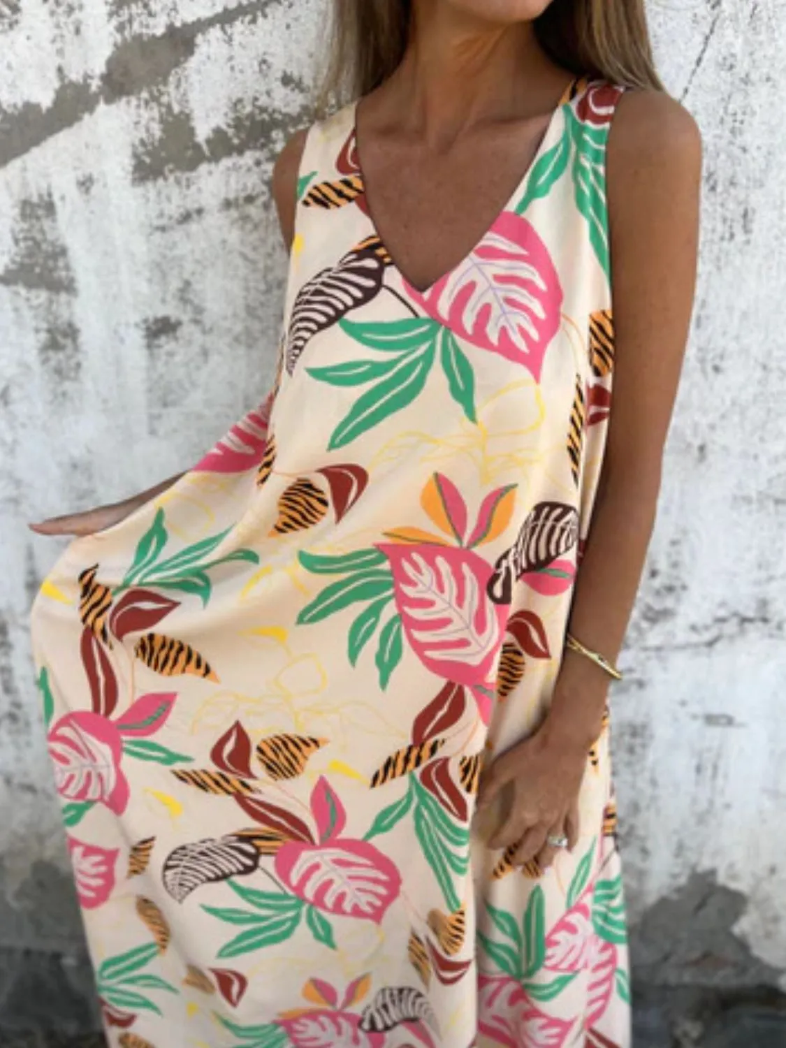 Full Size Printed V-Neck Sleeveless Dress Plus Size - Image 16