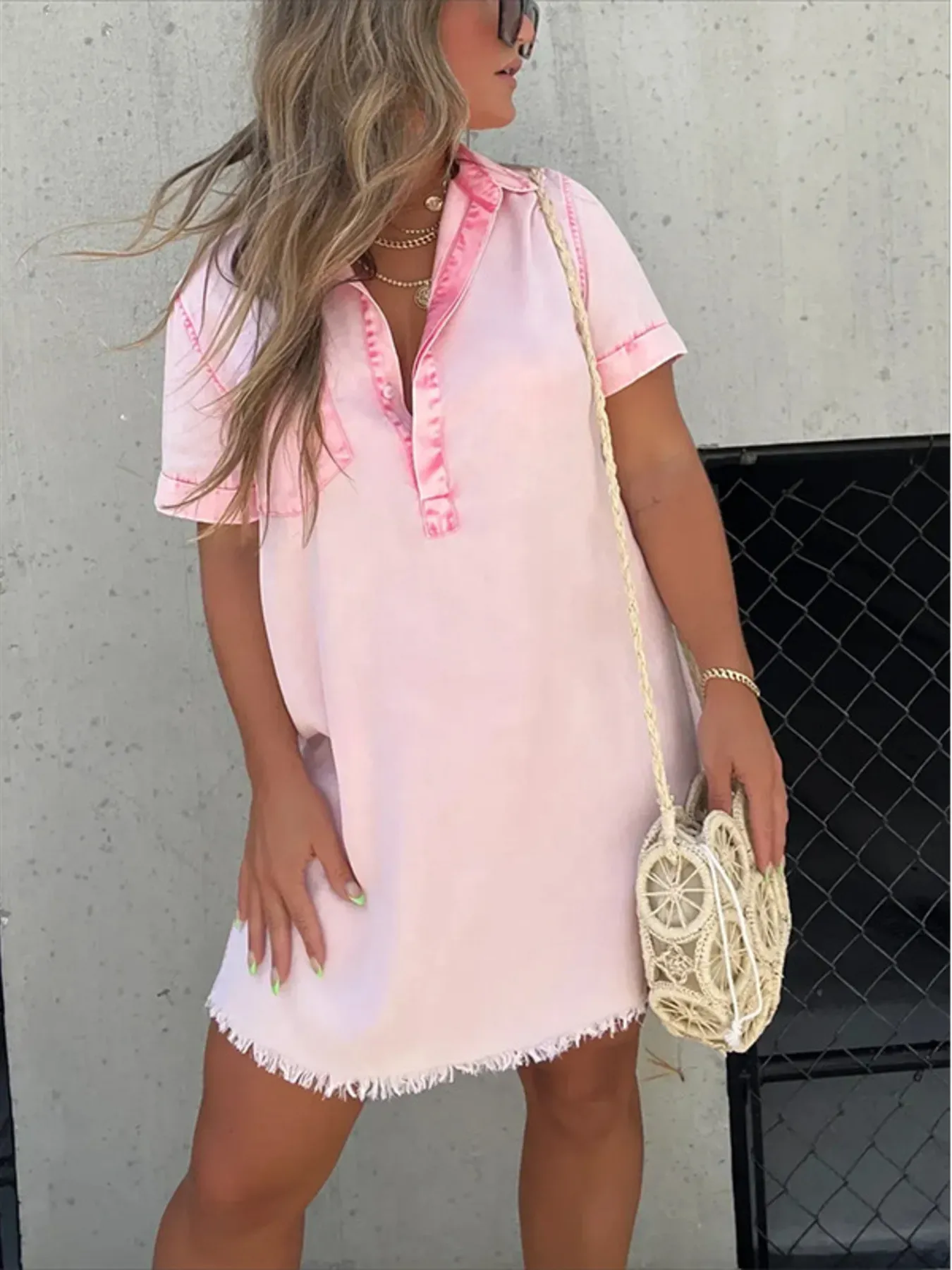 Full Size Raw Hem Short Sleeve Denim Dress Plus Size - Image 3