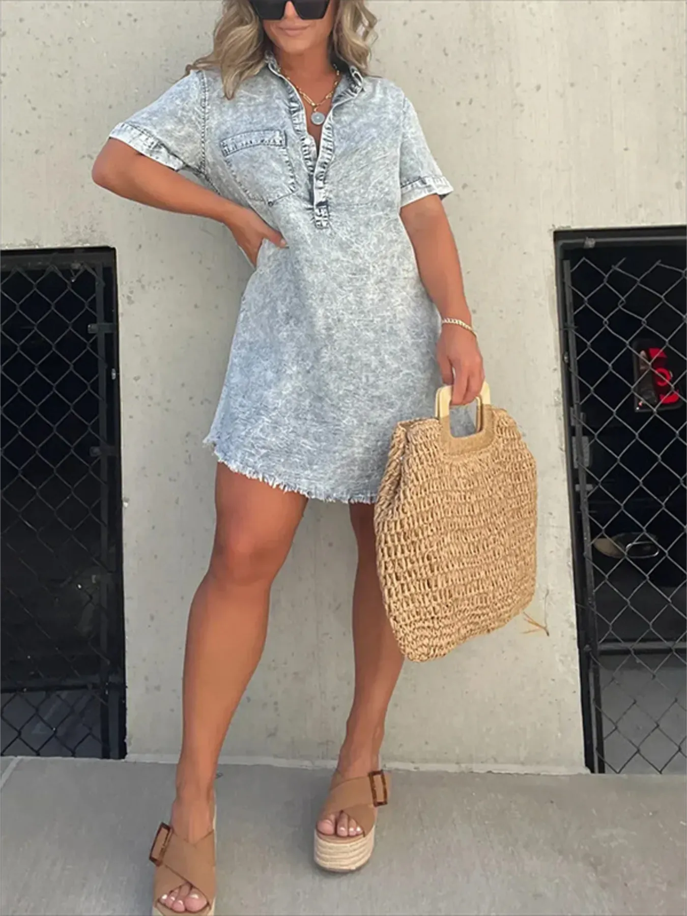 Full Size Raw Hem Short Sleeve Denim Dress Plus Size - Image 5