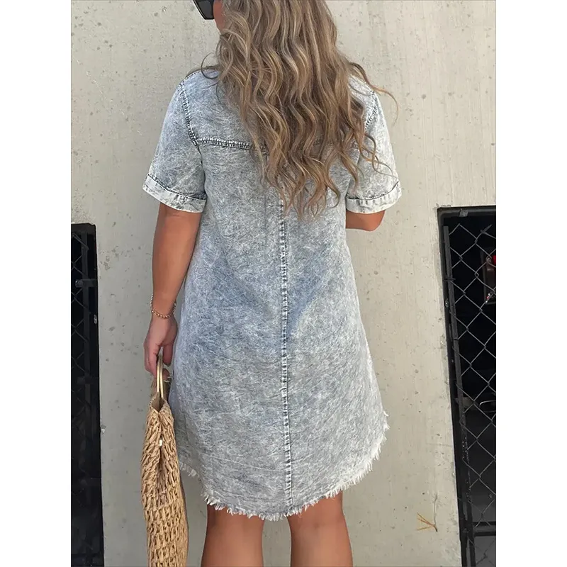 Full Size Raw Hem Short Sleeve Denim Dress Plus Size - Image 7