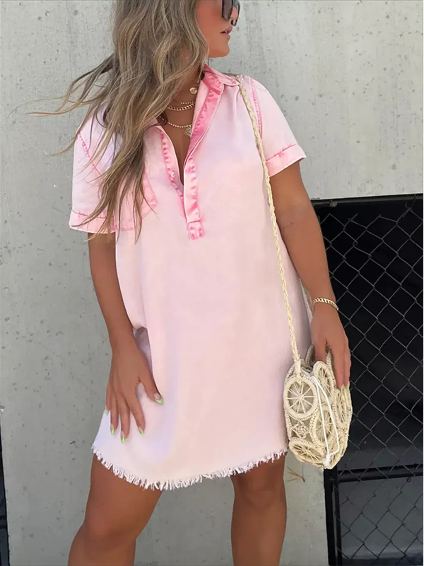 Full Size Raw Hem Short Sleeve Dress Plus Size - Image 2