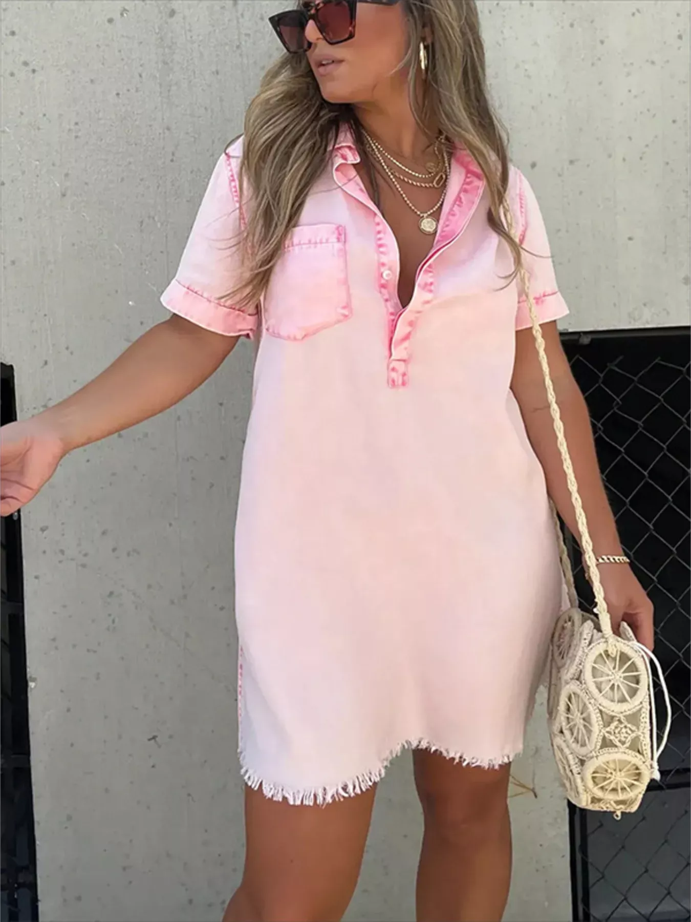 Full Size Raw Hem Short Sleeve Dress Plus Size - Image 3