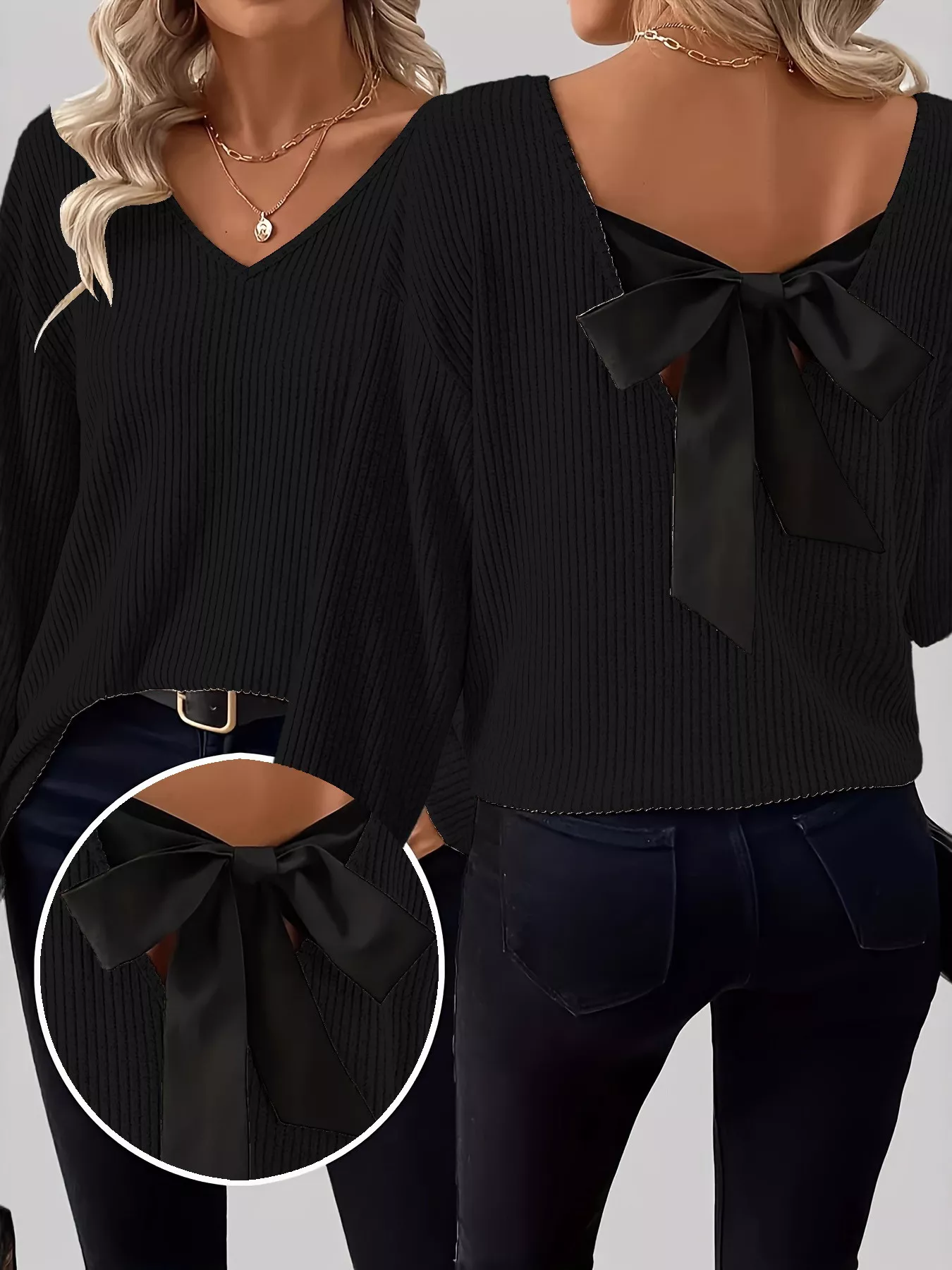 Full Size Ribbed Knit Backless Bow T-Shirt Plus Size - Image 16