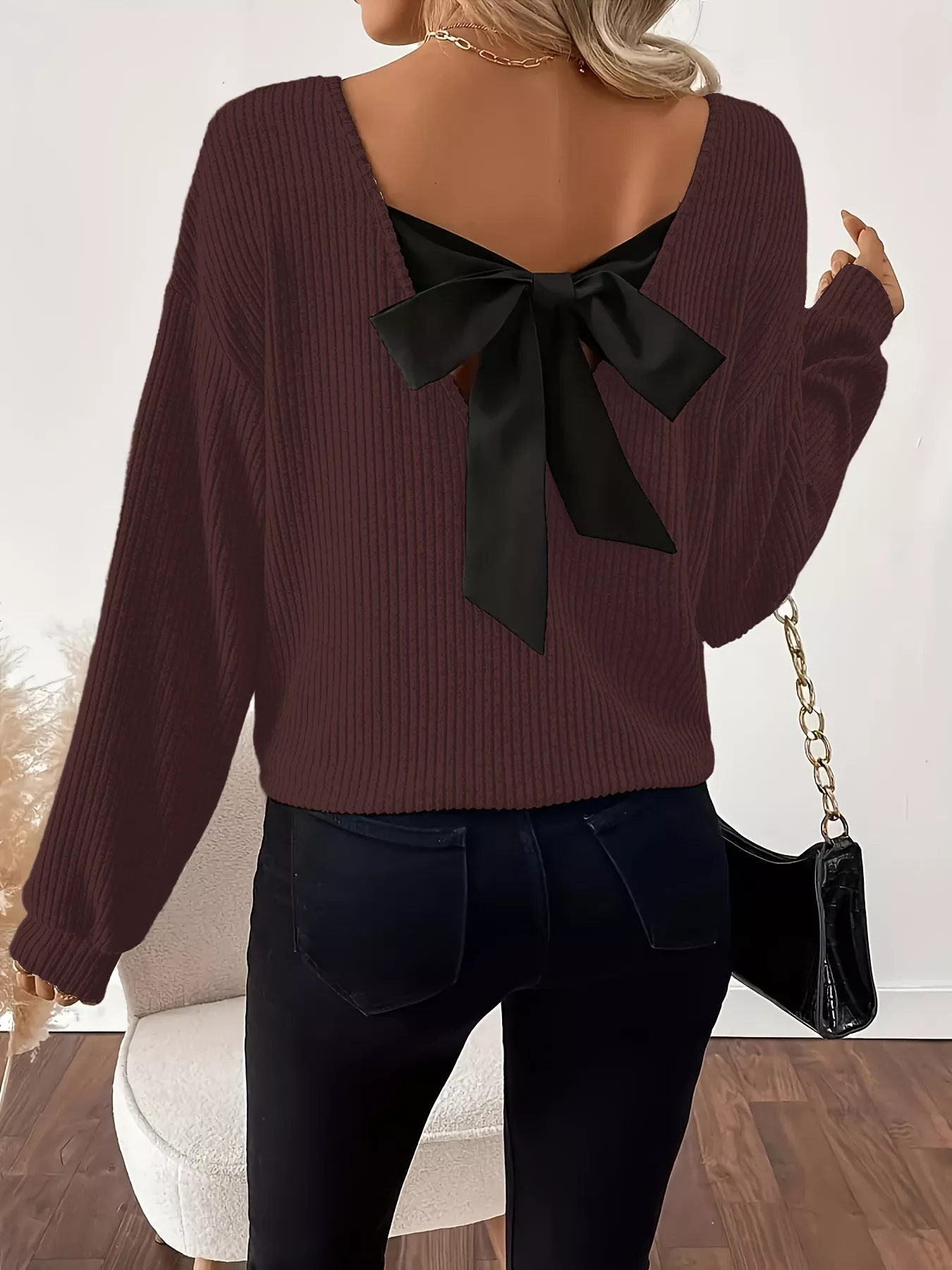 Full Size Ribbed Knit Backless Bow T-Shirt Plus Size - Image 8