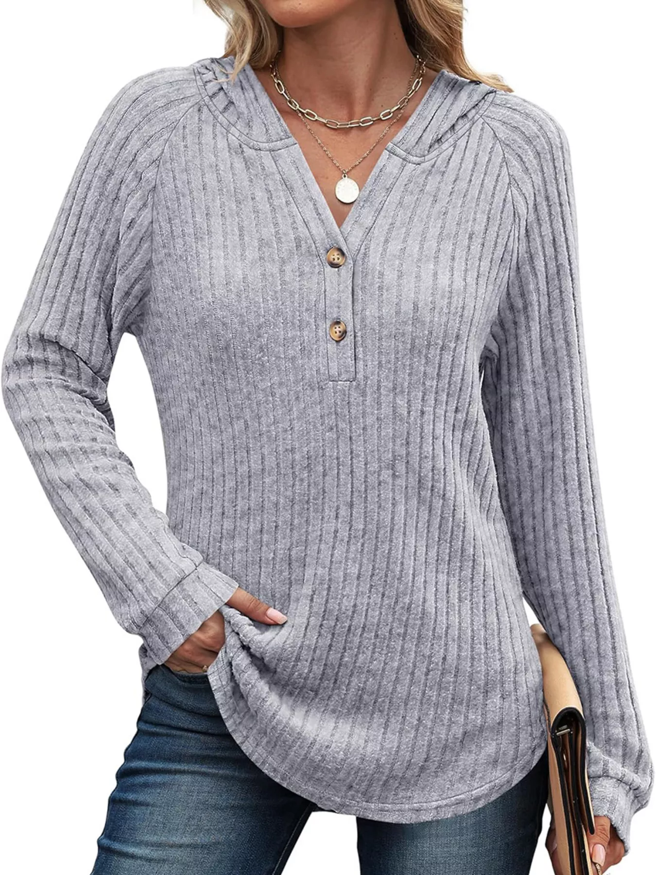 Full Size Ribbed Knit Button Detail Hooded Top Plus Size - Image 15